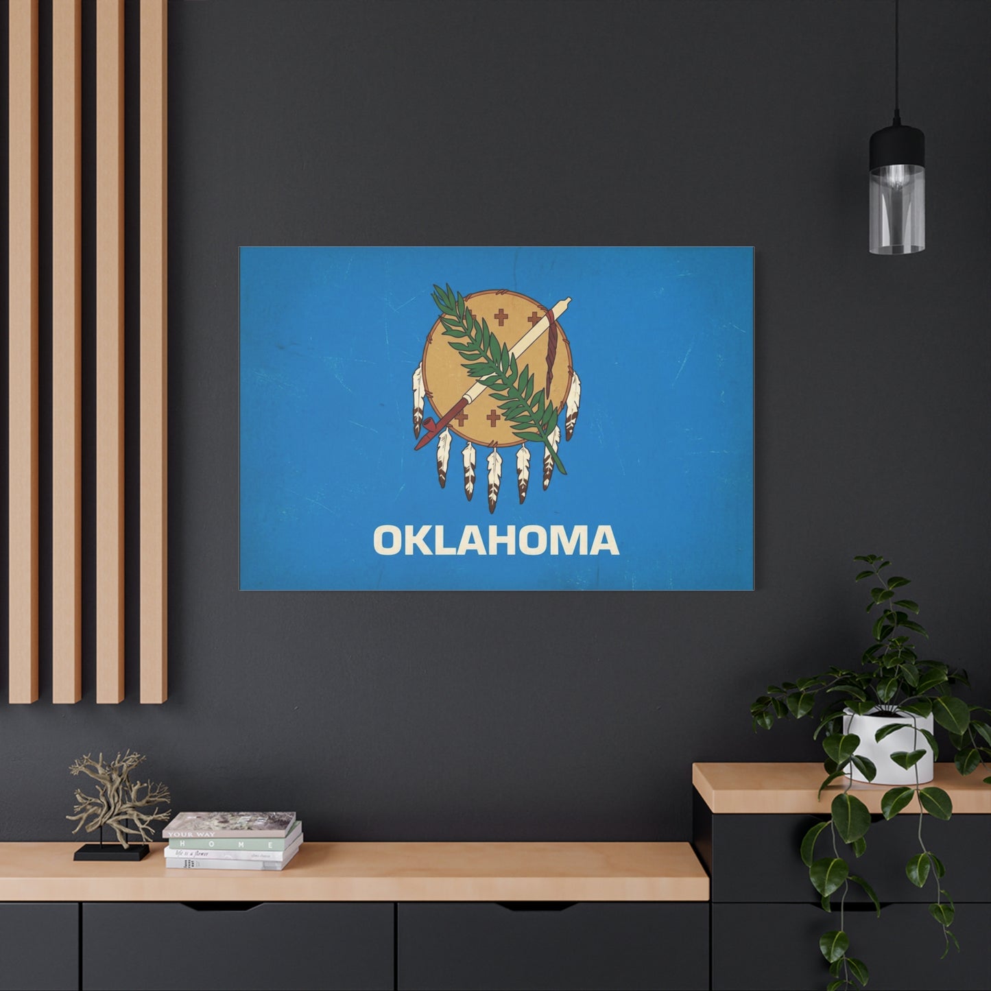 "OKLAHOMA" State Flag Canvas Wall Art - Vintage Blue Shield, Olive Branch And Peace Pipe Print - Rustic Americana Style - Living Room Decor, Office Wall Accent - Ready to Hang - Modern Farmhouse Style