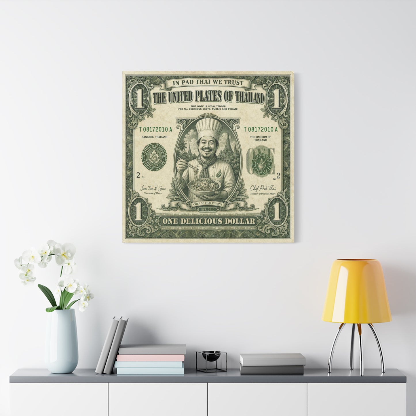 "In Pad Thai We Trust" Typography Canvas Wall Art - Vintage Thai Currency Illustration, Chef Portrait, Bangkok Thailand Food Poster Style - Kitchen Wall Decor, Dining Room Accent - Ready to Hang