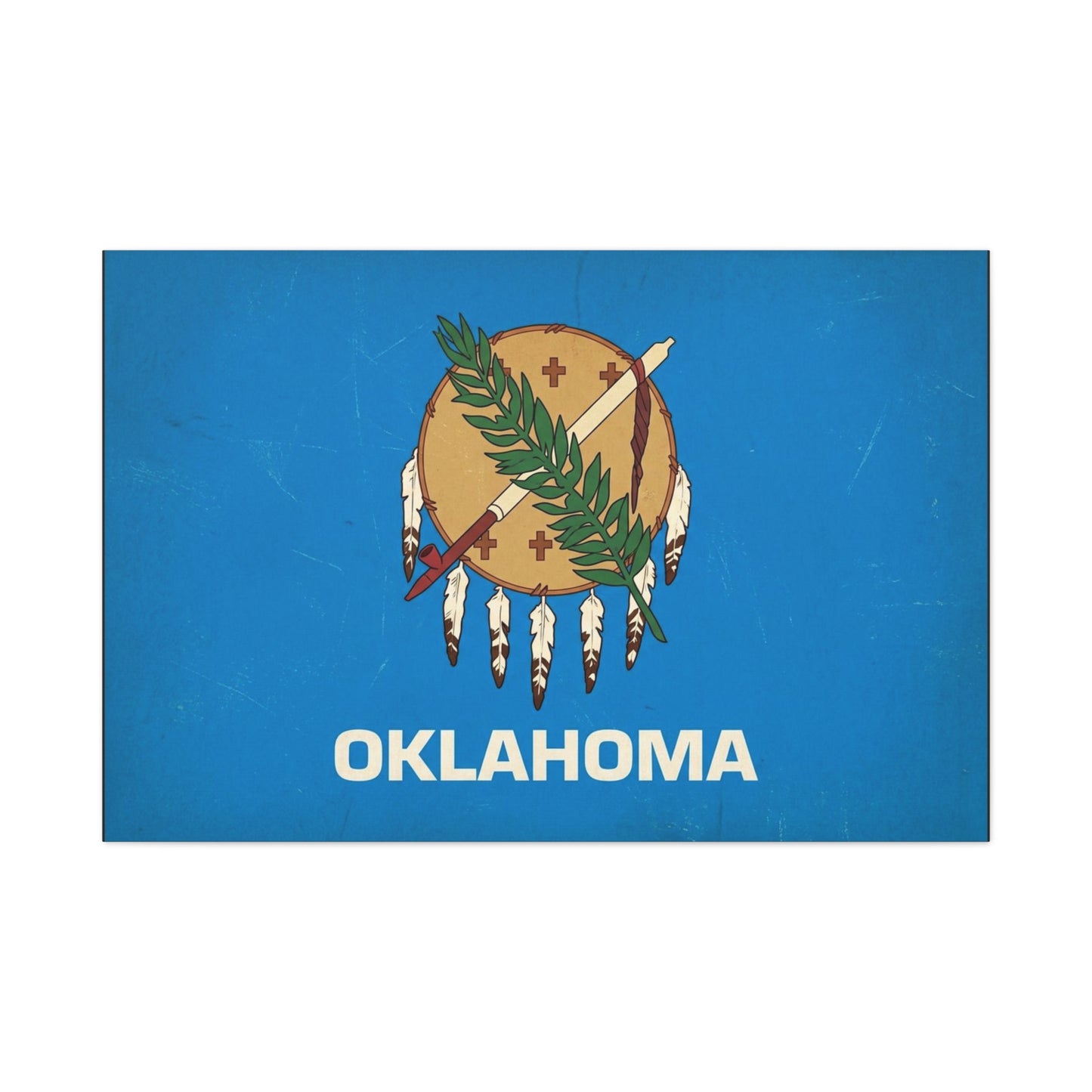 "OKLAHOMA" State Flag Canvas Wall Art - Vintage Blue Shield, Olive Branch And Peace Pipe Print - Rustic Americana Style - Living Room Decor, Office Wall Accent - Ready to Hang - Modern Farmhouse Style