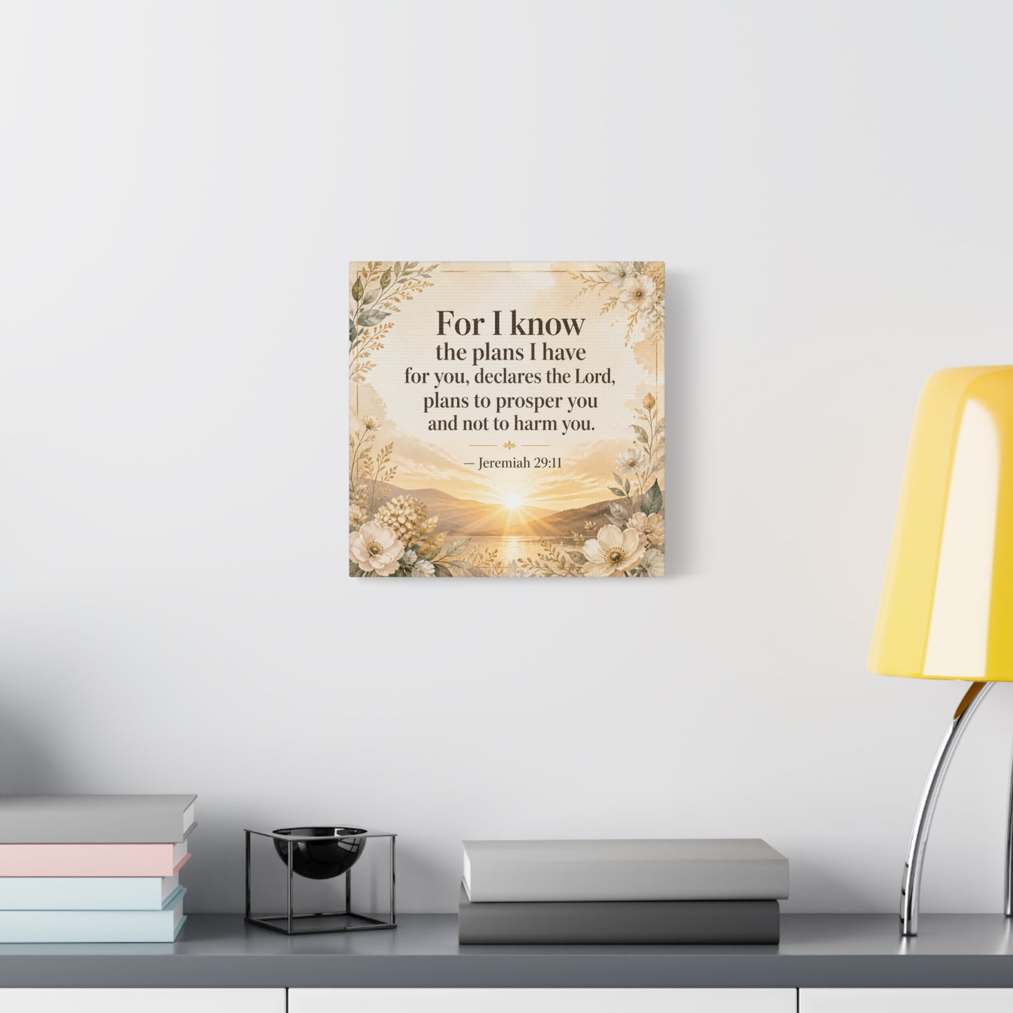 "For I Know The Plans I Have For You" Bible Verse Canvas Wall Art - Jeremiah 29:11 Floral Scripture Print, Gold Sunrise Landscape, Christian Wall Decor For Bedroom, Living Room - Ready to Hang