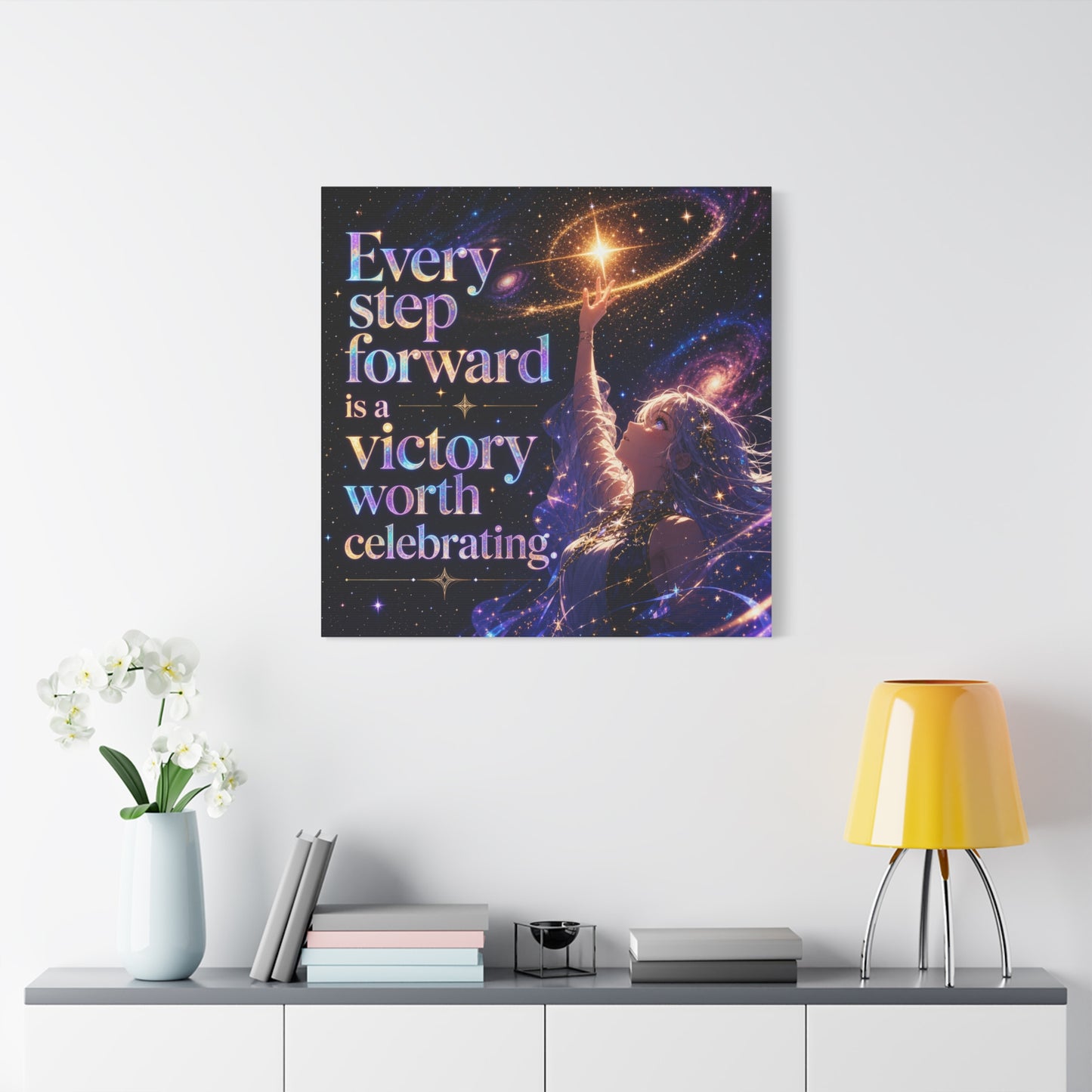 "Every Step Forward Is A Victory Worth Celebrating" Inspirational Canvas Wall Art - Cosmic Anime Girl Galaxy Quote Print - Celestial Purple Blue Decor - Bedroom Home Decoration - Office Wall Art