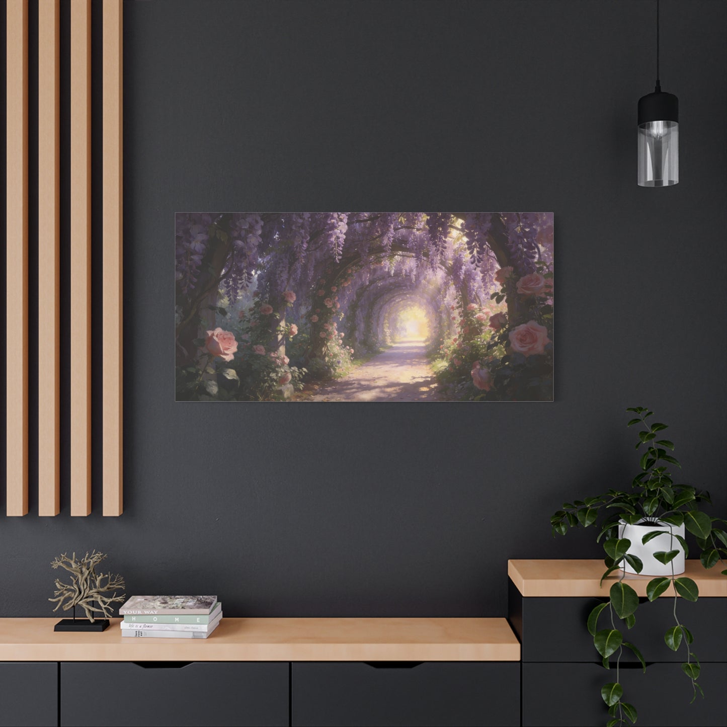 Wisteria Rose Garden Path Canvas Wall Art - Dreamy Floral Tunnel, Luminous Painterly Scene - Gallery Wrapped Cotton Print - Bedroom Wall Decor, Bohemian Home Accent - Bedroom Home Decoration