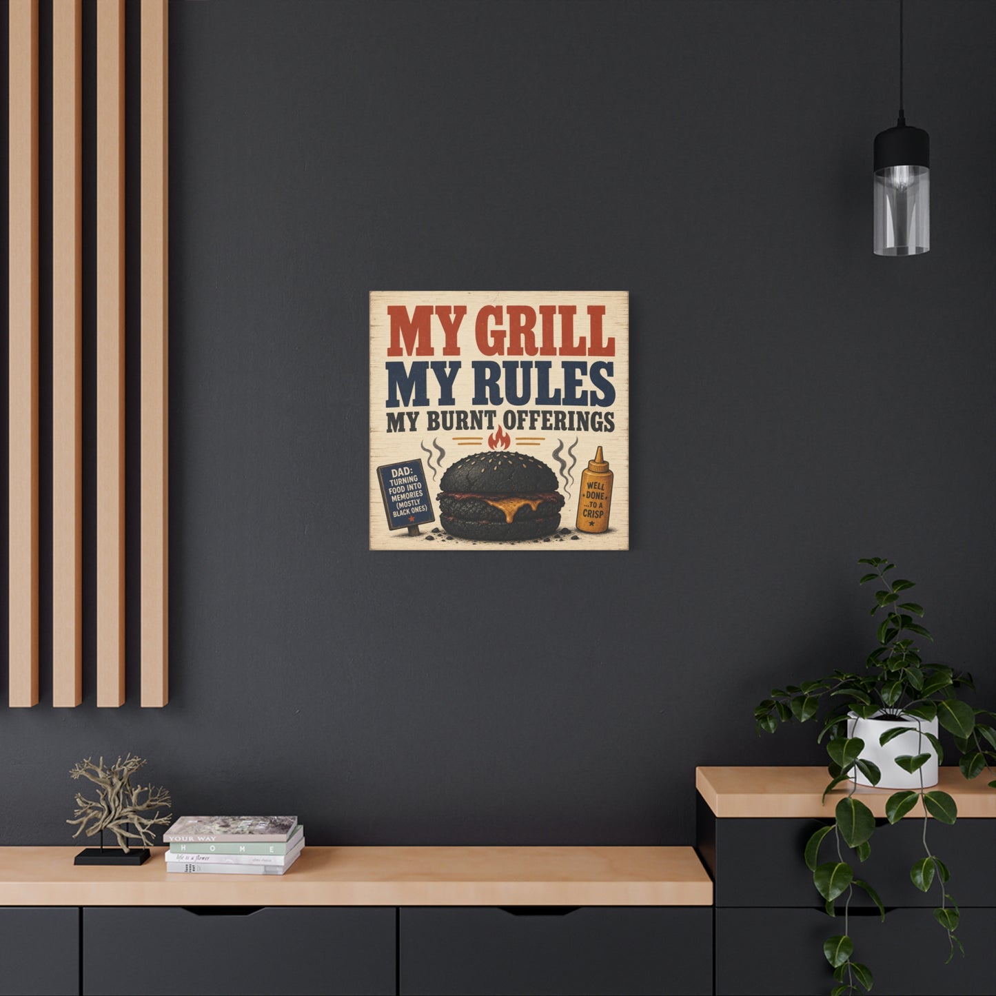 "My Grill My Rules My Burnt Offerings" Funny BBQ Canvas Wall Art - Burnt Burger Grill Sign, Rustic Farmhouse Kitchen Decor, Patriotic Red Blue Typography Print - Man Cave Wall Decor - Ready to Hang