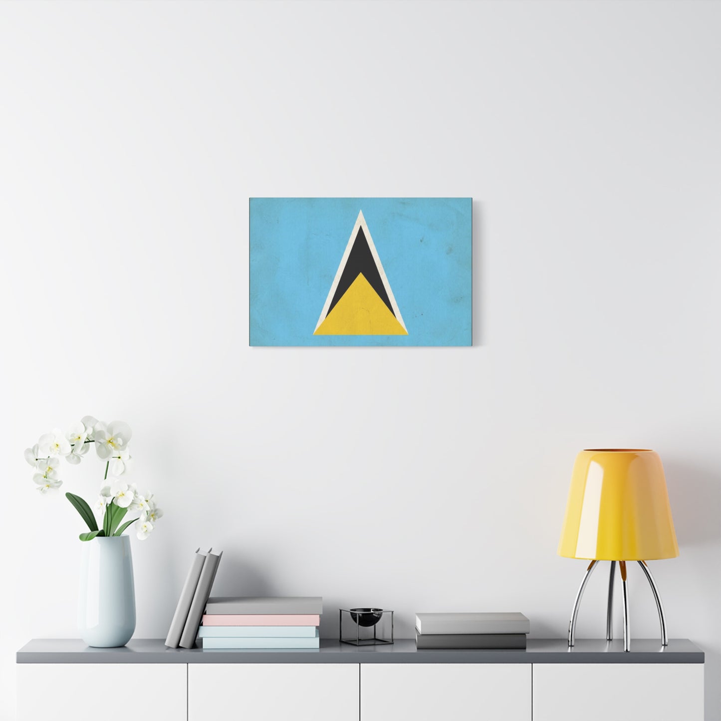 Saint Lucia Flag Canvas Wall Art - Blue Yellow Black Triangle Design, Minimalist Geometric Print - Modern Caribbean Decor - Living Room Wall Decor, Office Art Accent - Bedroom Home Decoration