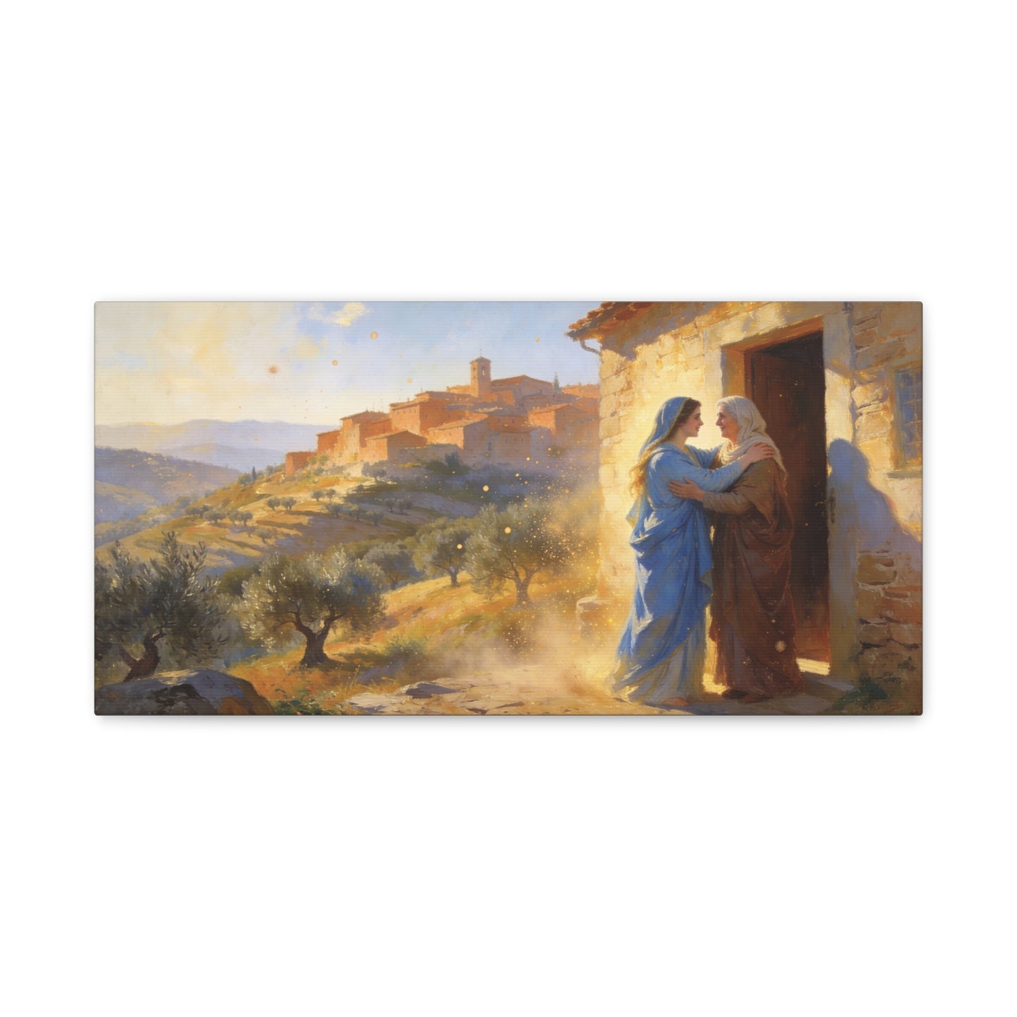 Virgin Mary Visitation Canvas Wall Art - Religious Biblical Village Scene, Golden Light Painting - Christian Home Decor, Traditional Style - Living Room Wall Decor Bedroom Decoration - Ready to Hang