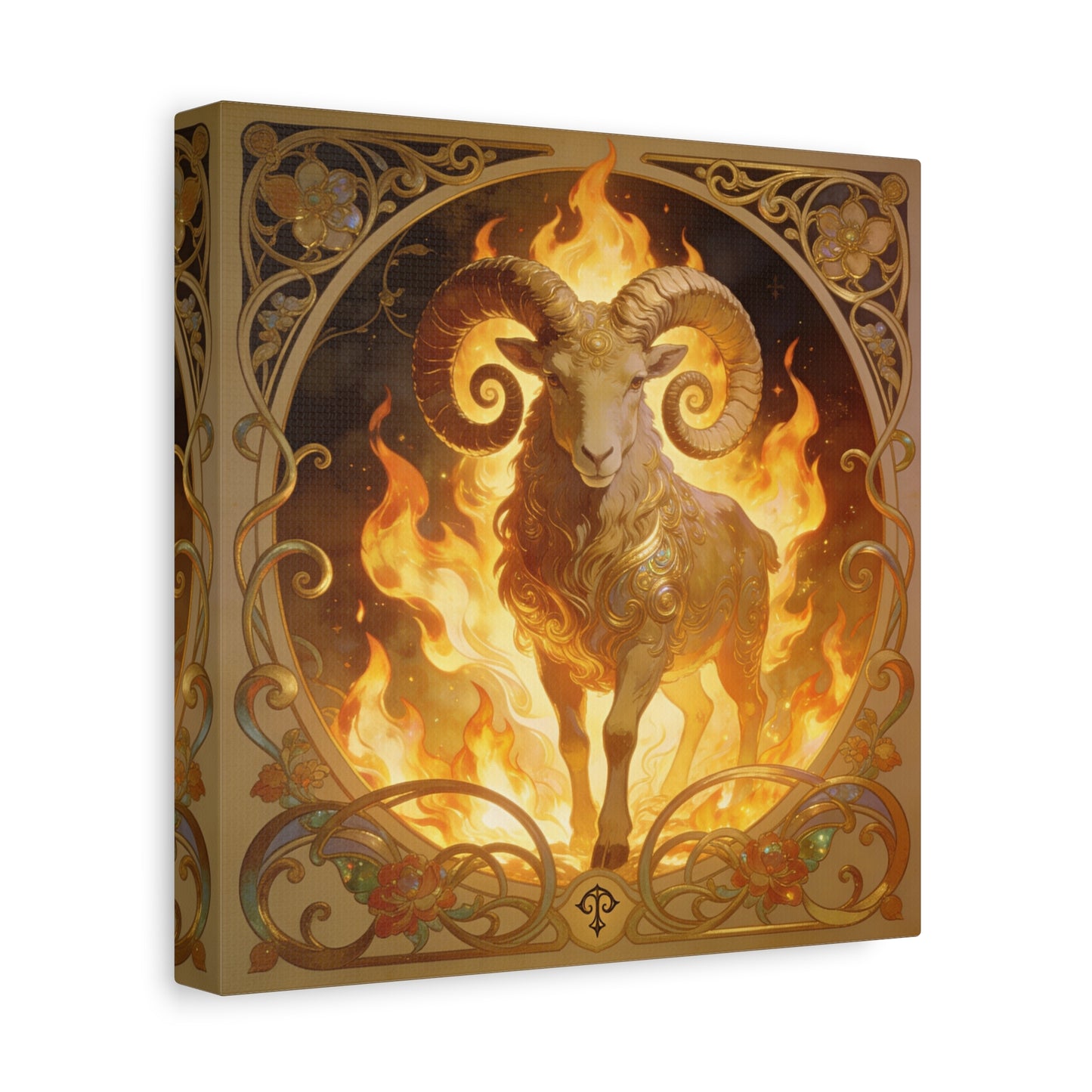 Aries Ram Canvas Wall Art - Fiery Zodiac Illustration, Ornate Gold Nouveau Design - Matte Cotton Art Print - Bohemian Astrology Decor, Bedroom Home Decoration, Office Wall Art - Modern Farmhouse Style