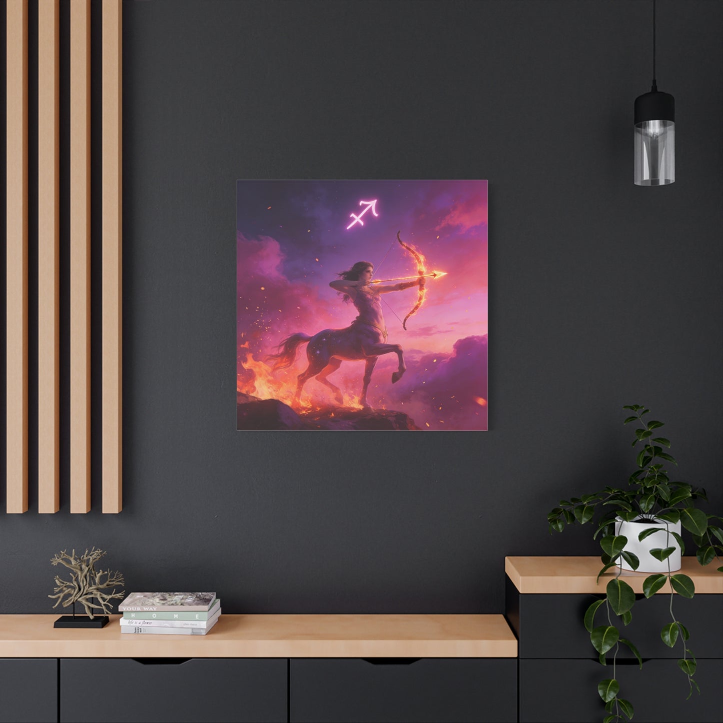 Sagittarius Centaur Archer Canvas Wall Art - Zodiac Fantasy Fire Bow Illustration - Purple Pink Matte Canvas Print - Bedroom Home Decoration, Living Room Wall Decor, Celestial Decor - Ready to Hang