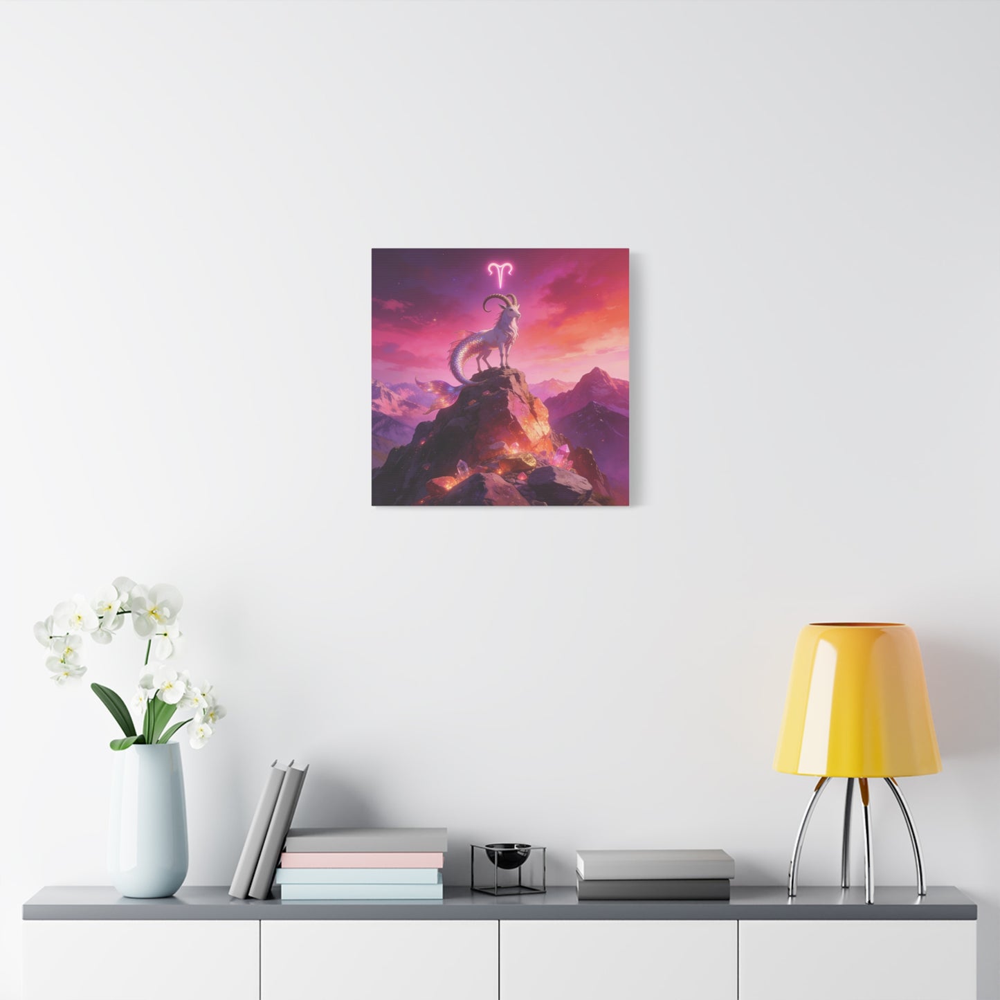 Aries Zodiac Mermaid Goat Canvas Wall Art - Fantasy Mountain Crystal Scene - Pink Purple Celestial Illustration - Modern Mystical Decor, Bedroom Home Decoration, Office Wall Art - Ready to Hang