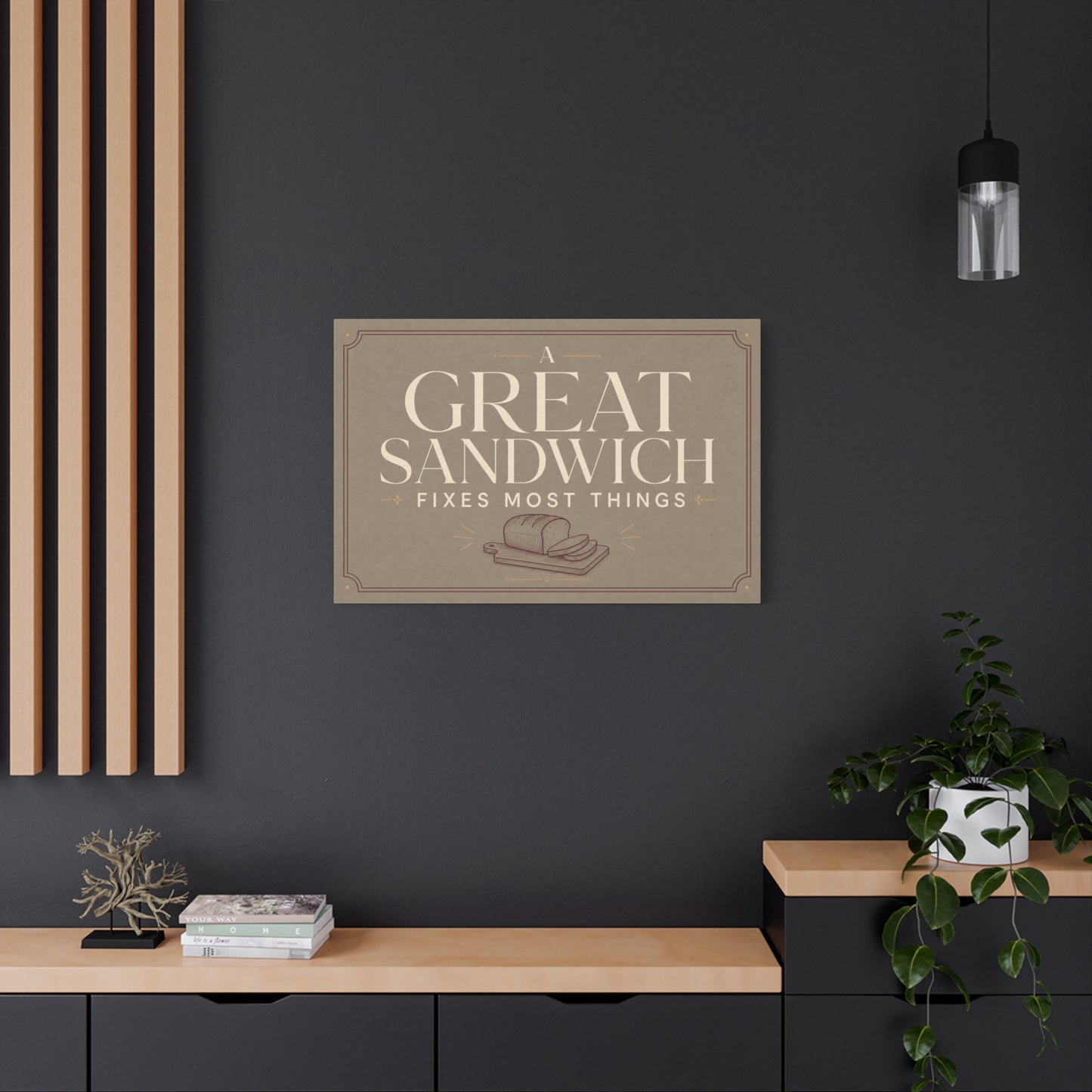 "A Great Sandwich Fixes Most Things" Canvas Wall Art - Vintage Typography Bread Illustration - Neutral Farmhouse Style - Funny Food Quote - Deli Wall Decor - Sandwich Shop Sign - Diner Decor