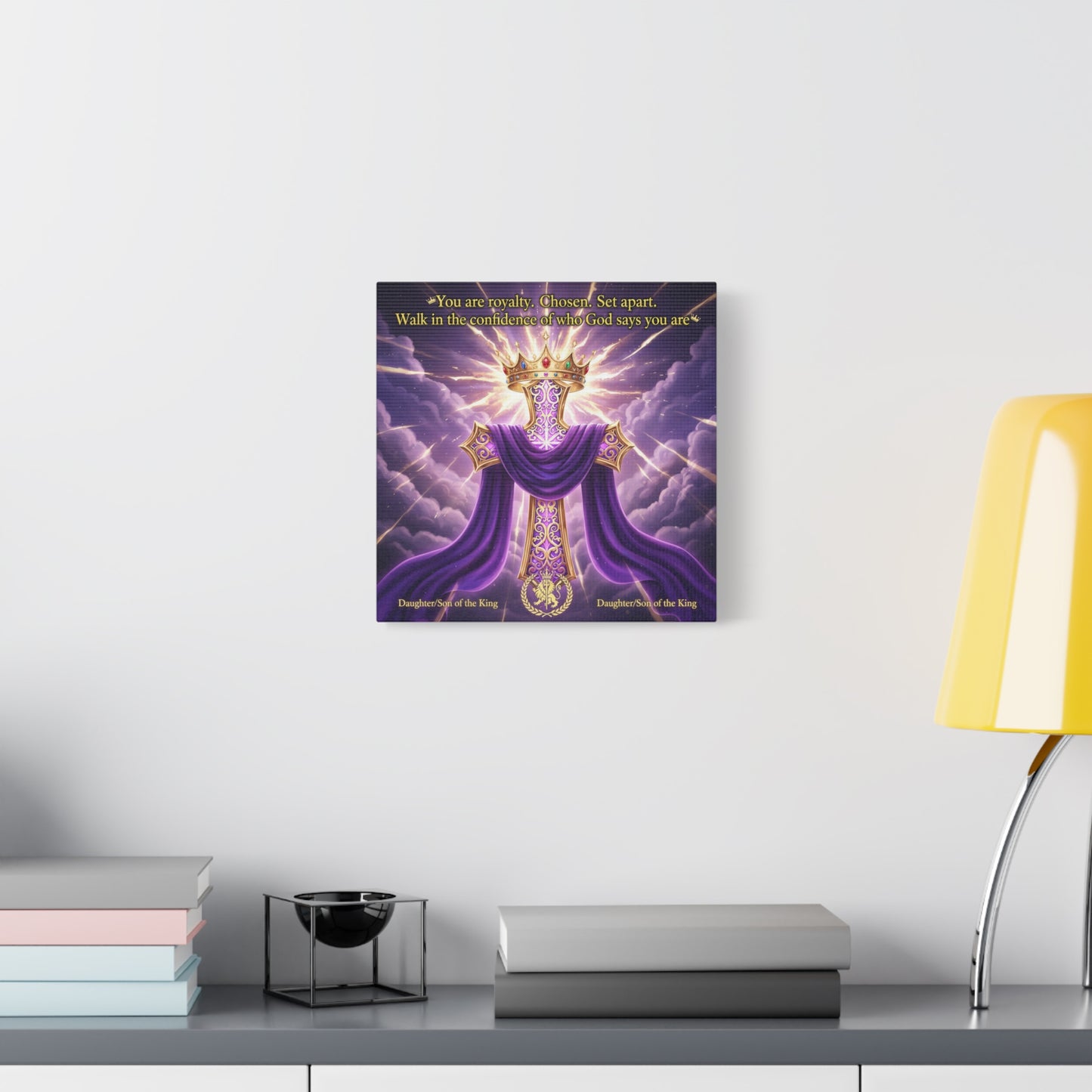 "You Are Royalty. Chosen. Set Apart." Christian Canvas Wall Art - Crowned Cross With Purple Draped Cloth, Daughter Son Of The King Quote - Religious Wall Decor For Bedroom, Office - Ready to Hang