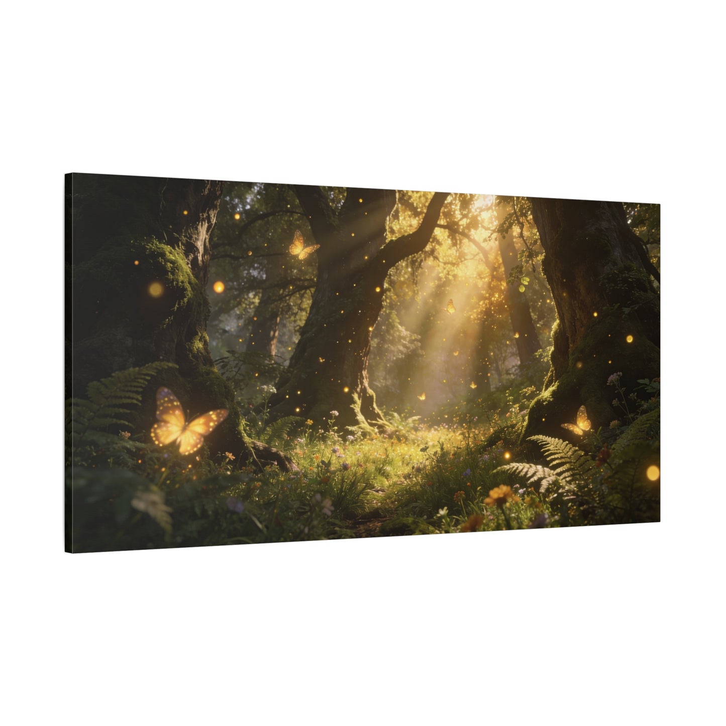 Enchanted Forest Canvas Wall Art - Sunlit Butterflies, Woodland Glade Scene - Matte Cotton Canvas Print - Fantasy Nature Style - Living Room Wall Decor, Bedroom Home Decoration - Cozy Reading Nook Art