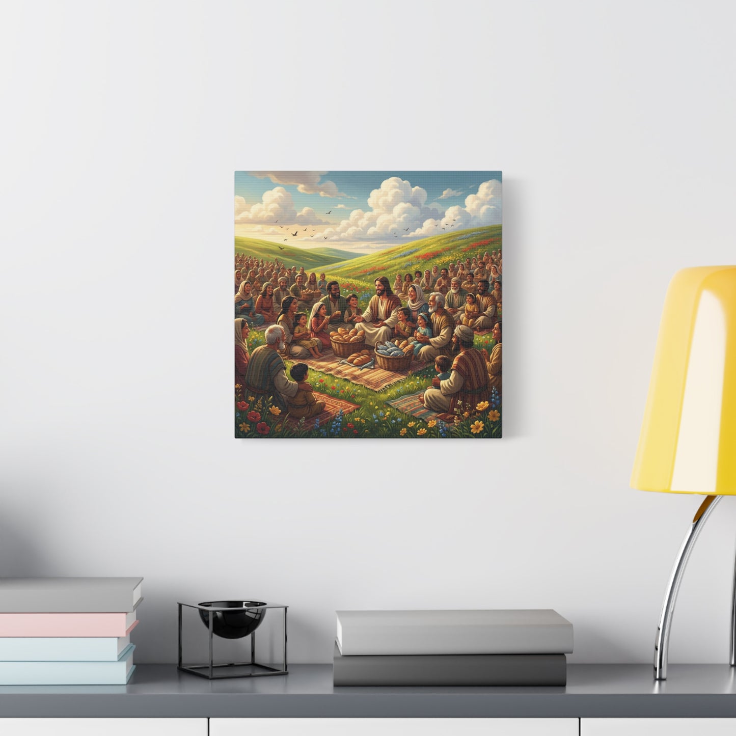 Jesus Feeding The Multitude Canvas Wall Art - Bread And Fish Biblical Scene - Meadow Landscape Christian Home Decor - Matte Cotton Print For Living Room, Bedroom, Office, Meditation Space