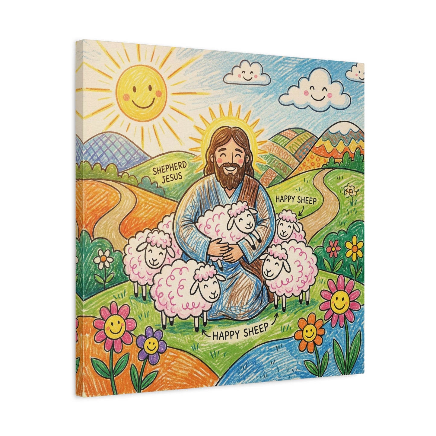 "Shepherd Jesus" "Happy Sheep" Jesus Canvas Wall Art - Christian Kids Nursery Decor, Colorful Religious Print - Matte Cotton Canvas - Playroom Bedroom Classroom Decoration - Living Room Wall Decor