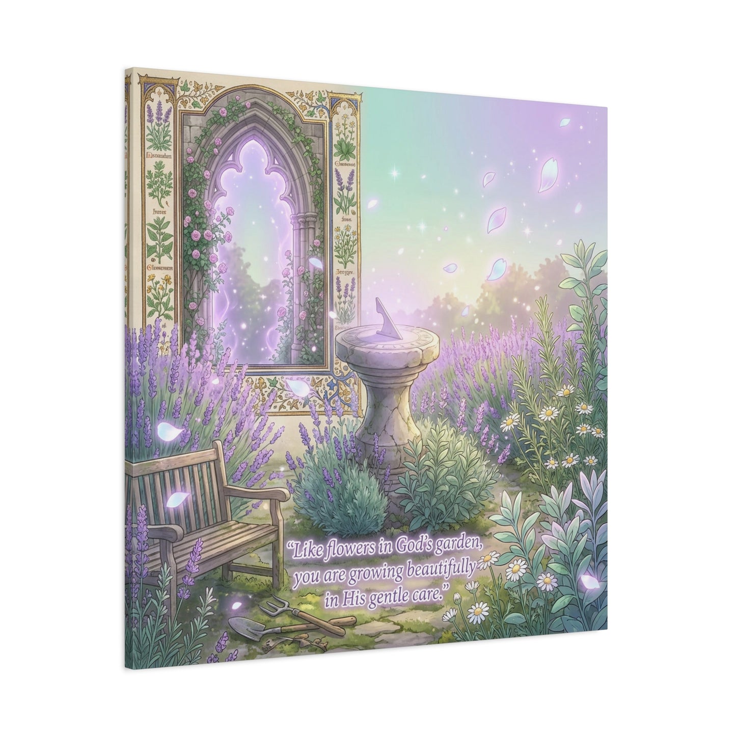 "Like Flowers In God's Garden, You Are Growing Beautifully In His Gentle Care" Canvas Wall Art - Lavender Garden Arch, Sundial Bench - Pastel Botanical Decor For Bedroom Living Room - Office Wall Art