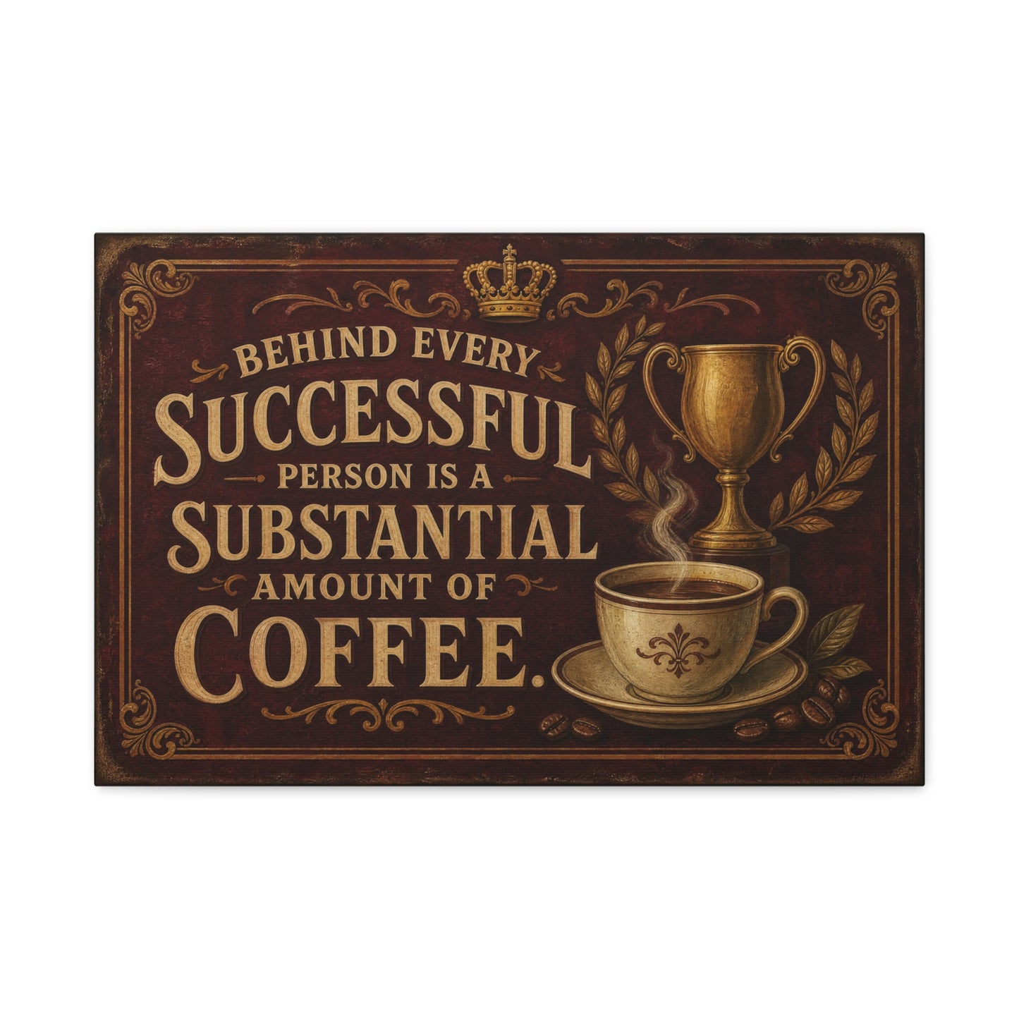 "Behind Every Successful Person Is A Substantial Amount Of Coffee." Canvas Wall Art - Vintage Coffee Quote Decor, Rustic Typography Print - Ready to Hang - Cafe Wall Art - Bistro Decor
