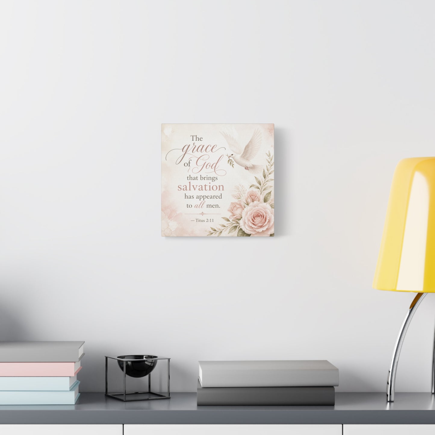 "The Grace Of God That Brings Salvation Has Appeared To All Men" Canvas Wall Art - Dove, Roses, Titus 2:11 Scripture Print - Blush Floral Christian Decor - Bedroom Living Room Accent - Office Wall Art
