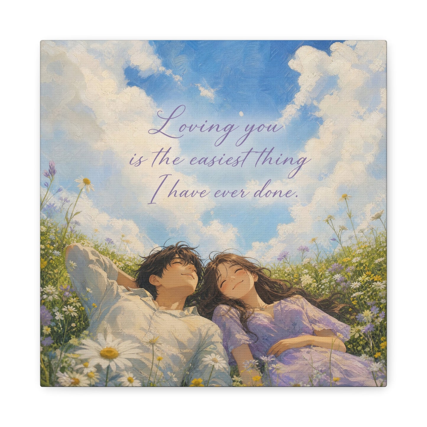 "Loving You Is The Easiest Thing I Have Ever Done." Canvas Wall Art - Romantic Couple In Wildflower Meadow Sky Quote Print - Dreamy Pastel Illustration - Ready to Hang - Living Room Wall Decor