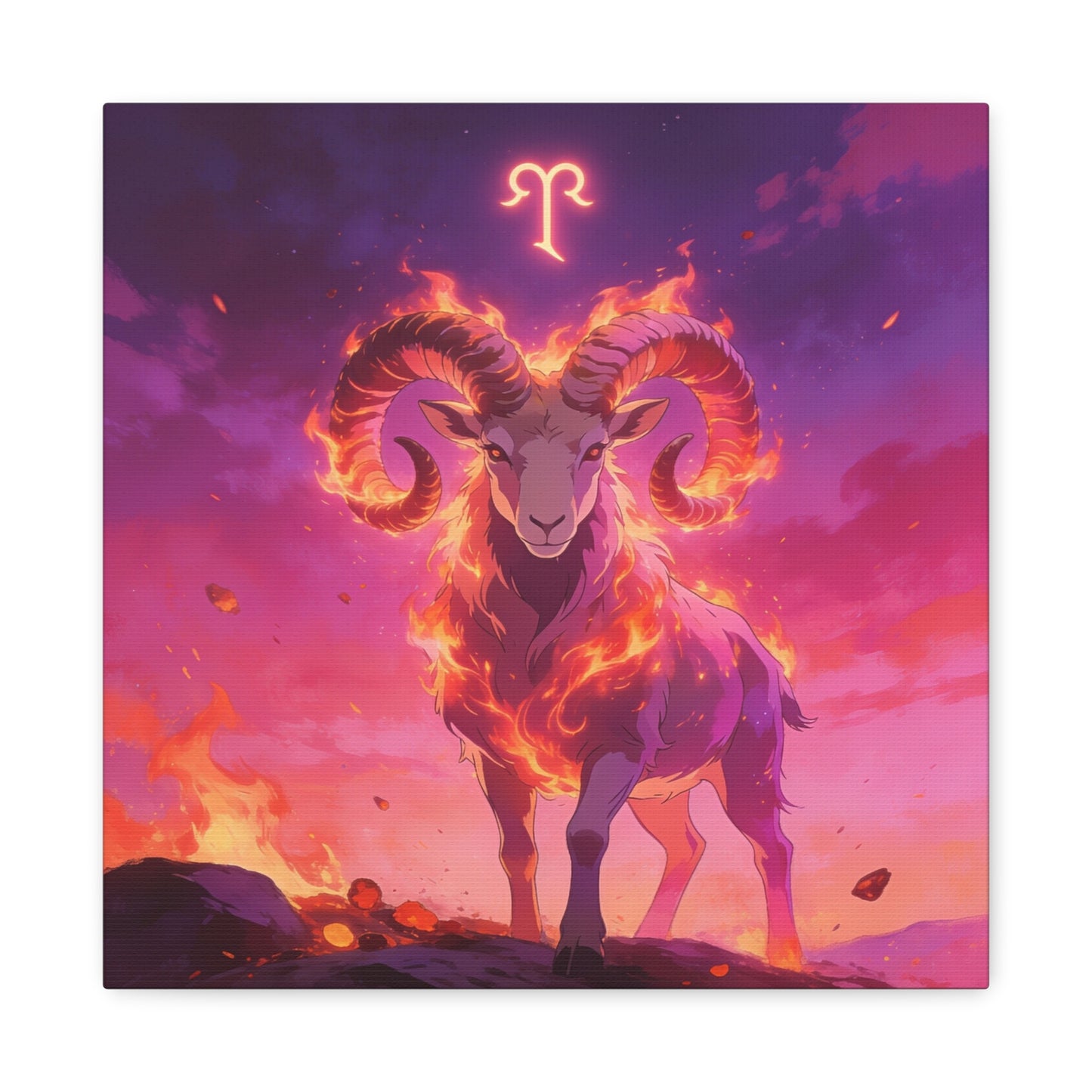Aries Ram Canvas Wall Art - Fiery Zodiac Illustration, Purple Pink Flame Sky, Matte Canvas Print, Modern Fantasy Style, Bedroom Wall Decor, Home Office Accent, Statement Piece For Astrology Lovers
