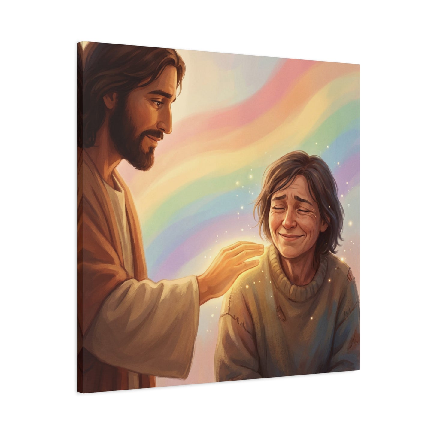 Jesus Christ Comforting Woman Canvas Wall Art - Rainbow Christian Wall Decor, Faith Home Decoration - Matte Canvas Print, Inspirational Religious Artwork - Living Room Bedroom Office - Ready to Hang