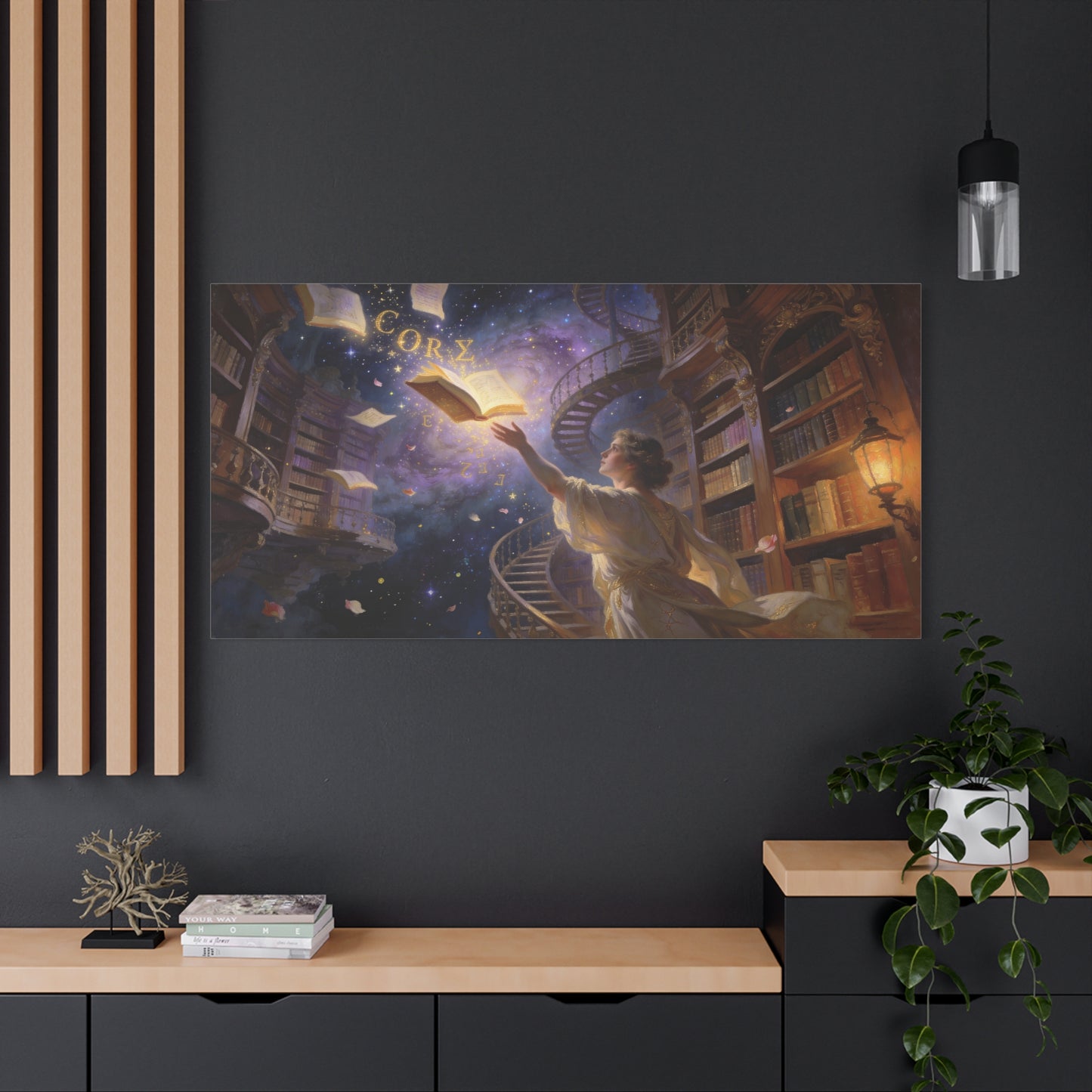 "CORZ" Fantasy Library Canvas Wall Art - Woman Reaching For Floating Book, Celestial Bookshelves, Spiral Staircase - Matte Cotton Print - Surreal Reading Room Decor, Office Art - Workspace Wall Decor