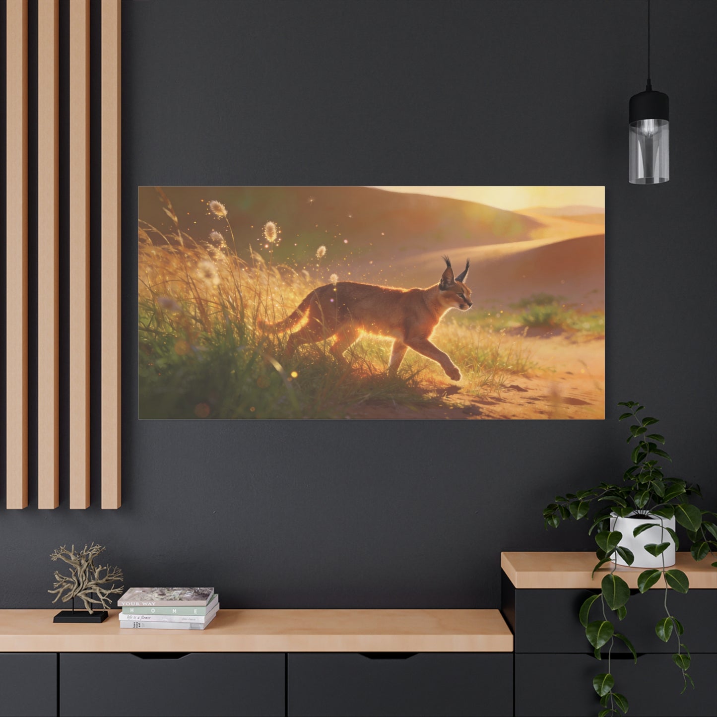 Caracal Canvas Wall Art - Golden Desert Wildlife Scene, Sunlit Grassland Illustration - Matte Cotton Art Print, Contemporary Nature Decor - Living Room Accent, Bedroom Decoration - Ready to Hang