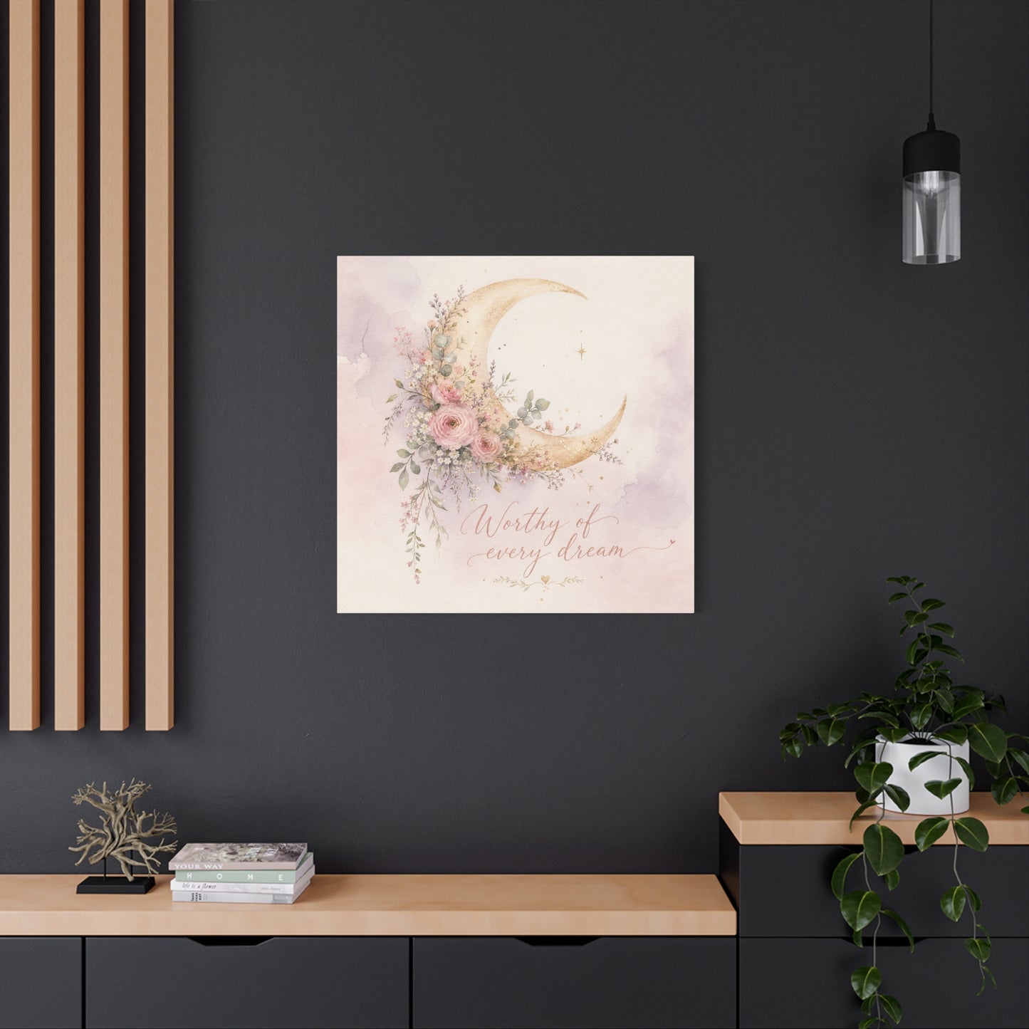 "Worthy Of Every Dream" Moon Canvas Wall Art - Floral Crescent, Inspirational Blush Gold Watercolor - Bohemian Bedroom Wall Decor - Nursery Home Decoration - Bedroom Home Decoration - Ready to Hang