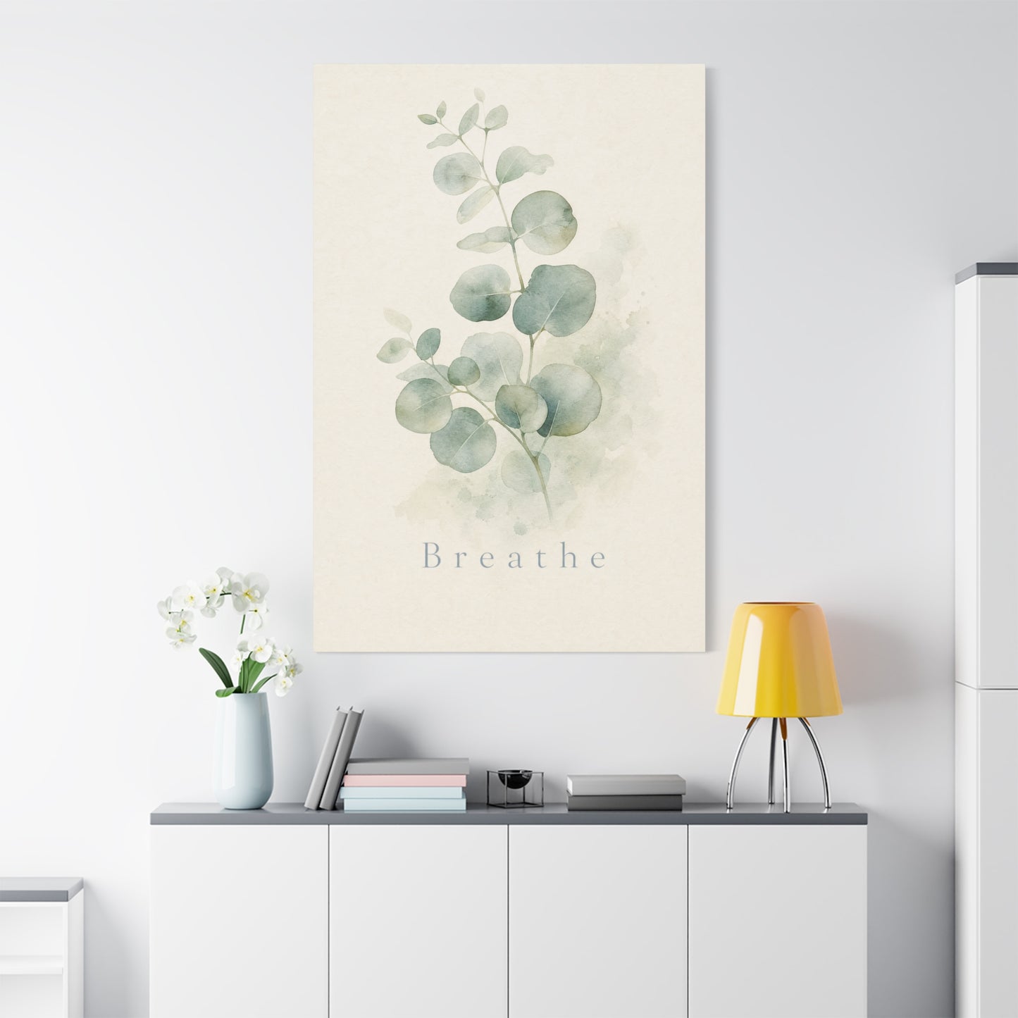 "Breathe" Eucalyptus Canvas Wall Art - Minimalist Botanical Sage Green Wall Decor - Watercolor Leaf Home Decoration - Bedroom Bathroom Spa Style - Calm Nature Print For Living Room - Ready to Hang
