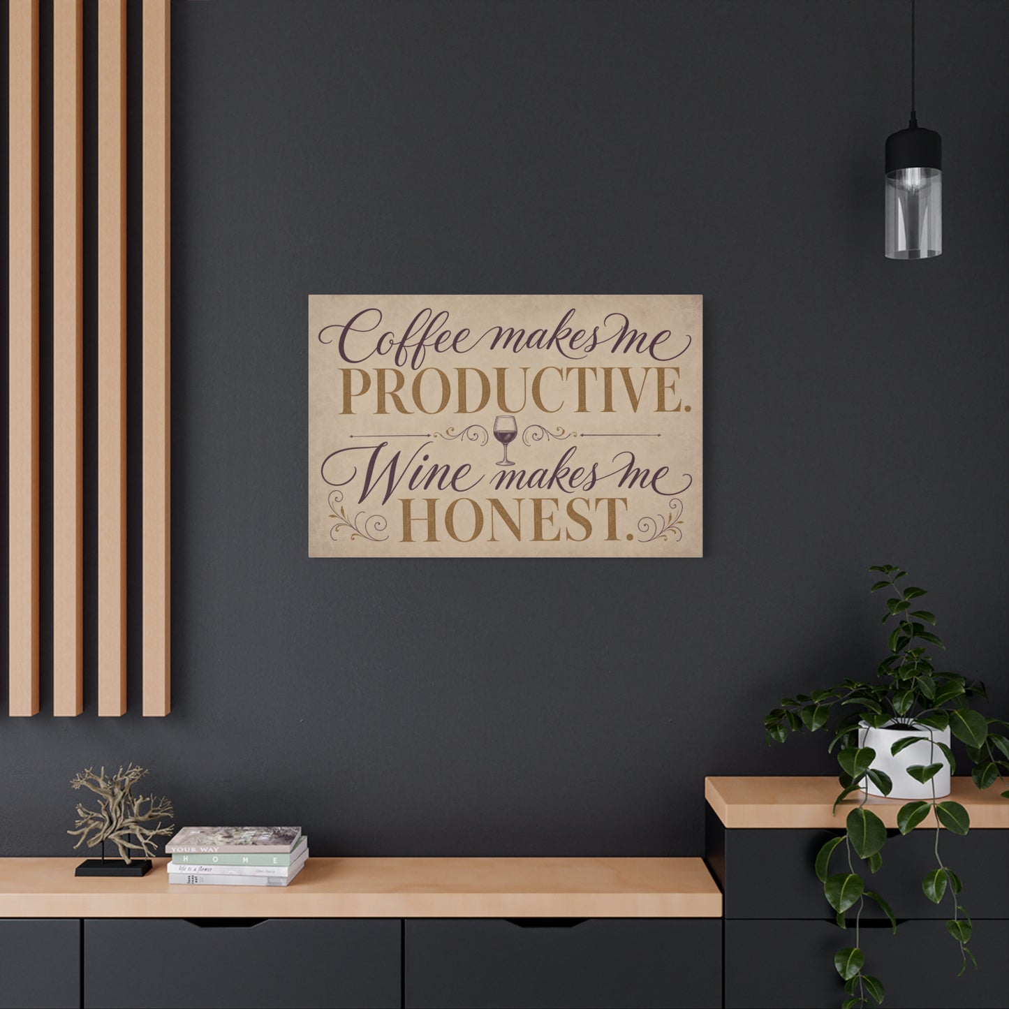 "Coffee Makes Me Productive. Wine Makes Me Honest." Canvas Wall Art - Vintage Typography Decor - Rustic Neutral Quote Print - Bar Cart Accent - Office Wall Art - Coffee Shop Decor - Espresso Bar Sign