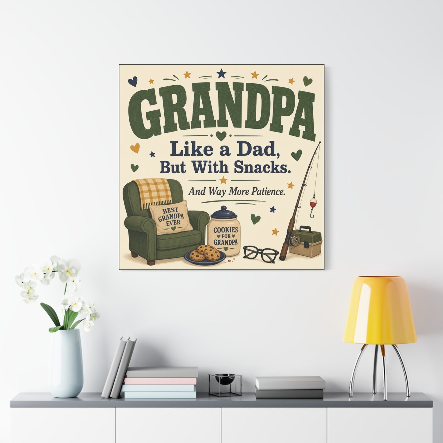 "Grandpa Like A Dad, But With Snacks. And Way More Patience." Canvas Wall Art - Rustic Typography Grandpa Quote Print, Farmhouse Living Room Decor - Office Wall Art - Bedroom Home Decoration