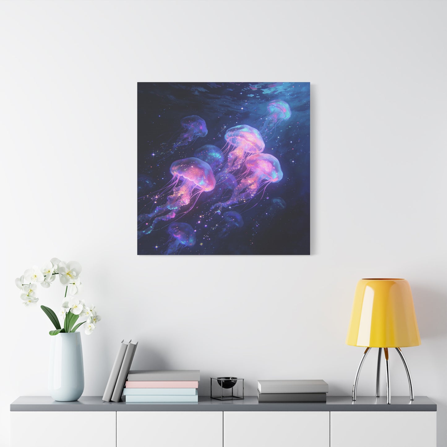 Glowing Jellyfish Canvas Wall Art - Ocean Fantasy Sea Life Decor, Luminous Pink Blue Artwork - Matte Canvas Print, Contemporary Style - Bedroom Wall Decor, Meditation Space Accent - Ready to Hang