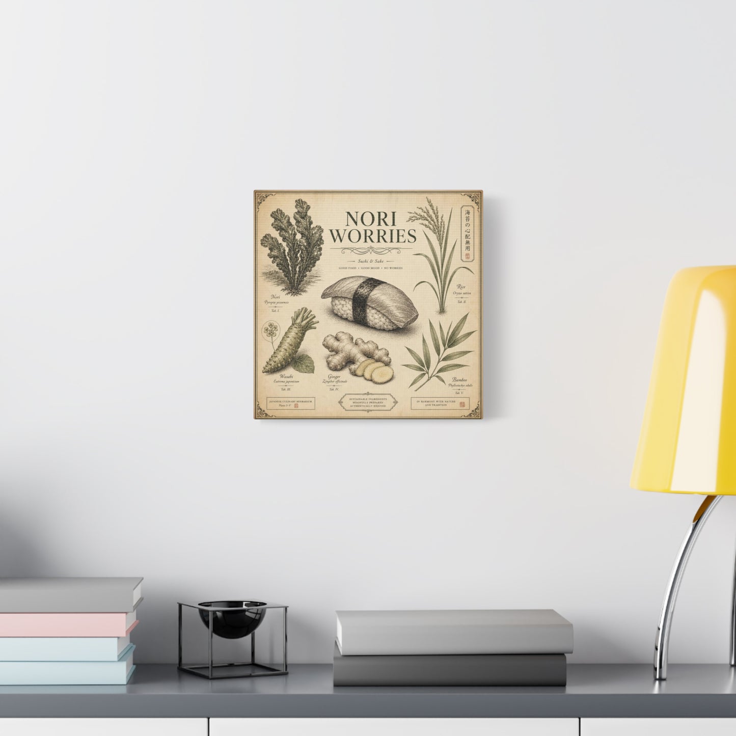 "Nori Worries" Sushi And Sake Canvas Wall Art - Vintage Japanese Culinary Herbarium Print, Rice Nori Wasabi Ginger Bamboo Illustration - Kitchen Wall Decor, Dining Room Accent - Modern Farmhouse Style