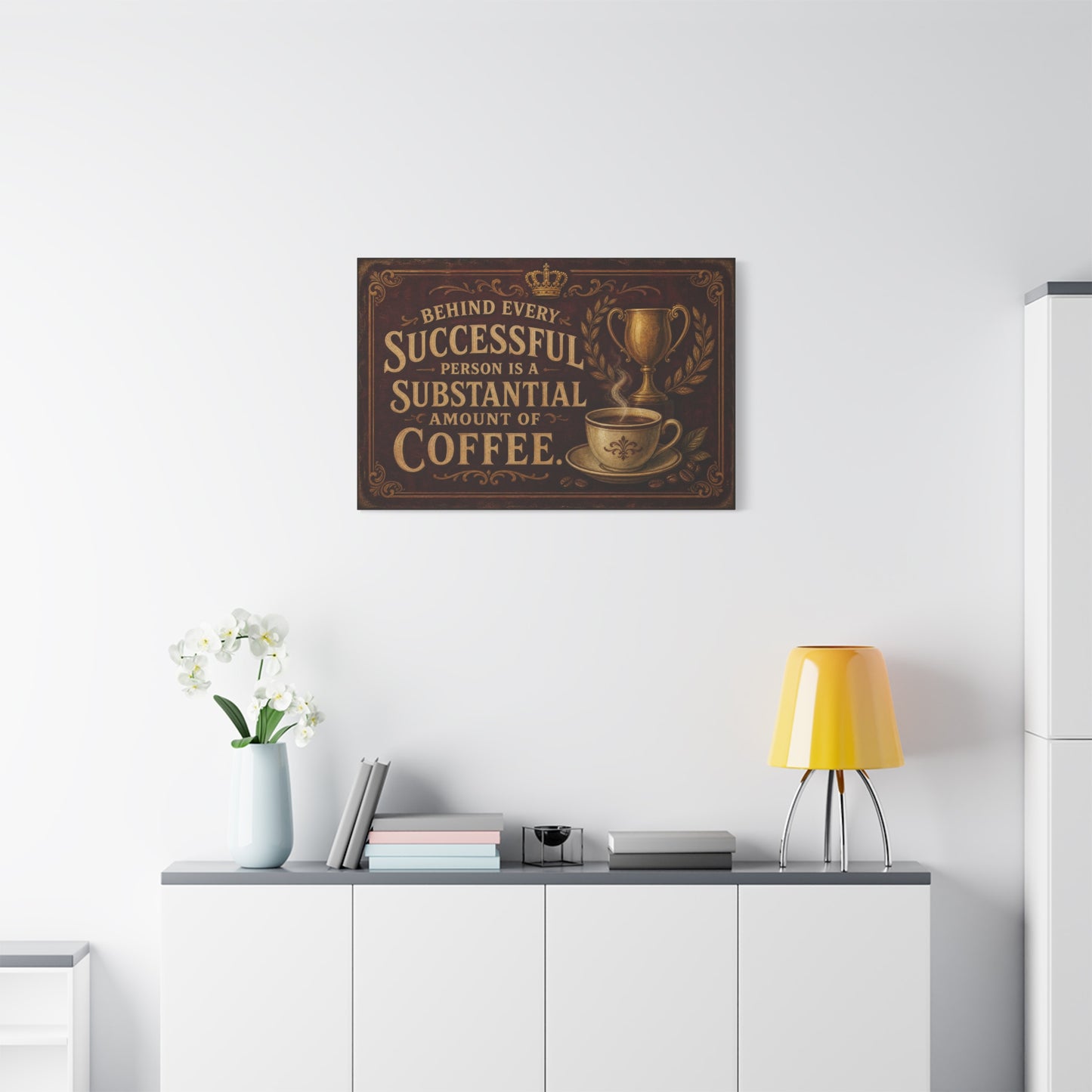 "Behind Every Successful Person Is A Substantial Amount Of Coffee." Canvas Wall Art - Vintage Coffee Quote Decor, Rustic Typography Print - Ready to Hang - Cafe Wall Art - Bistro Decor