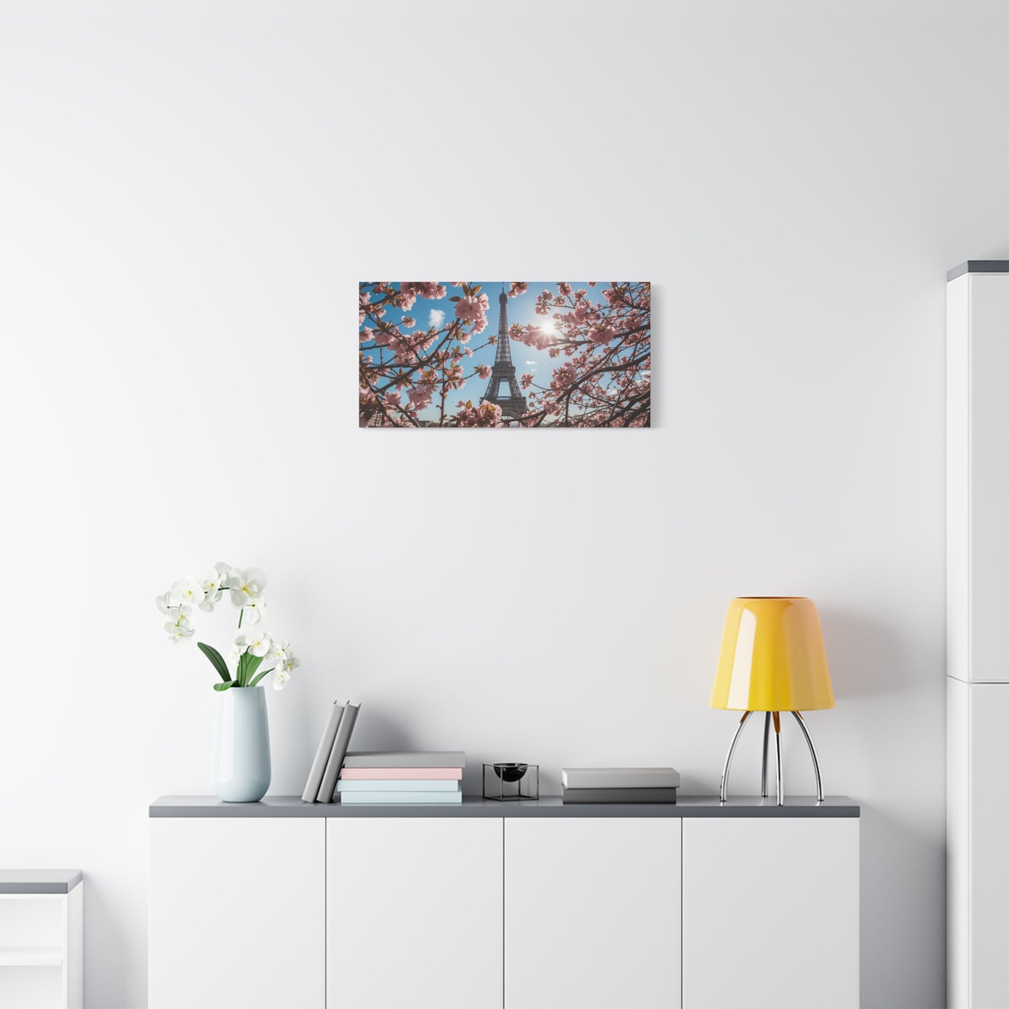 Eiffel Tower Canvas Wall Art Paris Cherry Blossom Art Print - Sunlit Spring Floral Cityscape - Matte Cotton Decor - Bedroom Home Decoration, Living Room Wall Decor - Bedroom Home Decoration