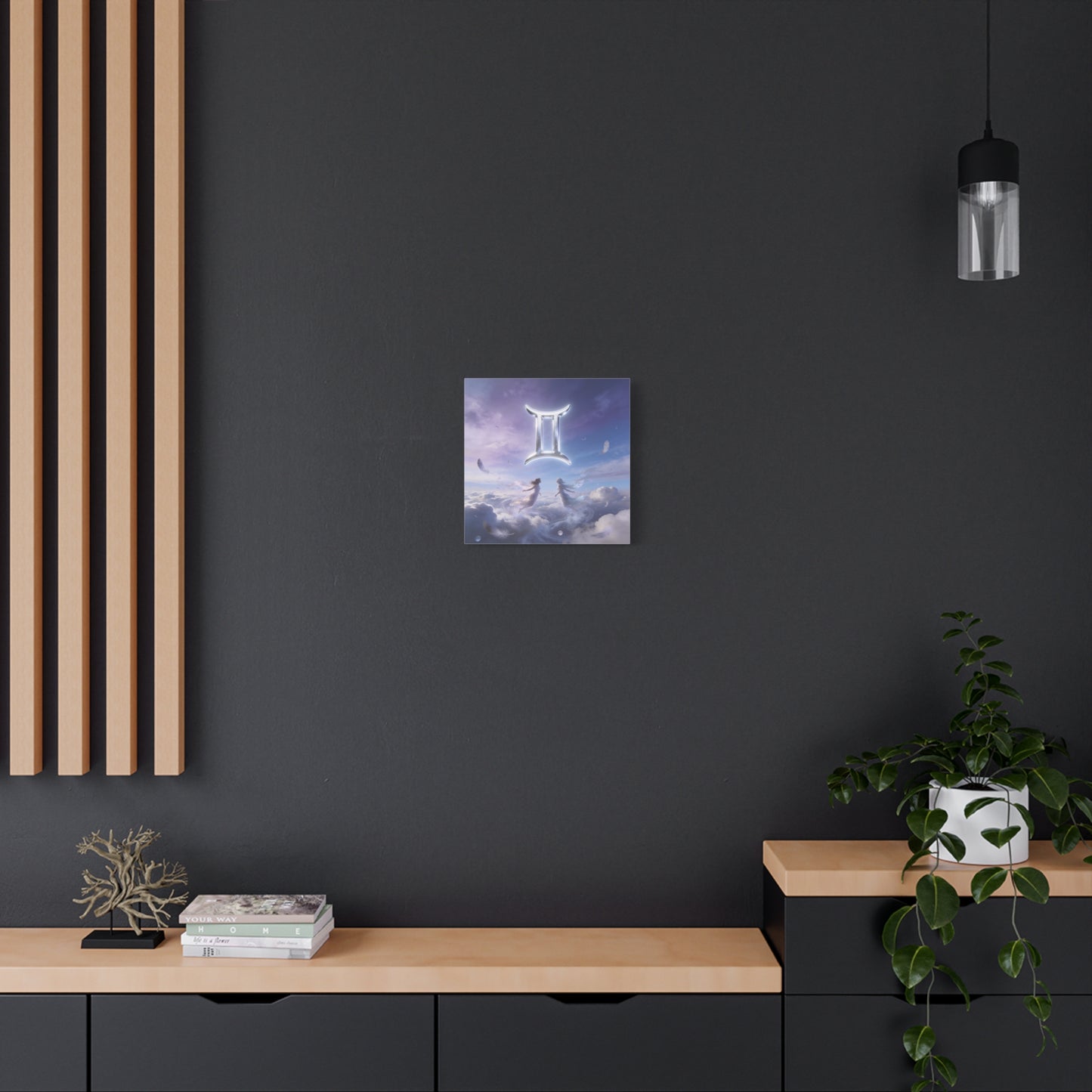 Gemini Zodiac Canvas Art Print - Glowing Twin Symbol, Ethereal Sky Illustration - Dreamy Celestial Typography Style - Cotton Canvas Decor For Bedroom, Living Space, Meditation Room - Office Wall Art