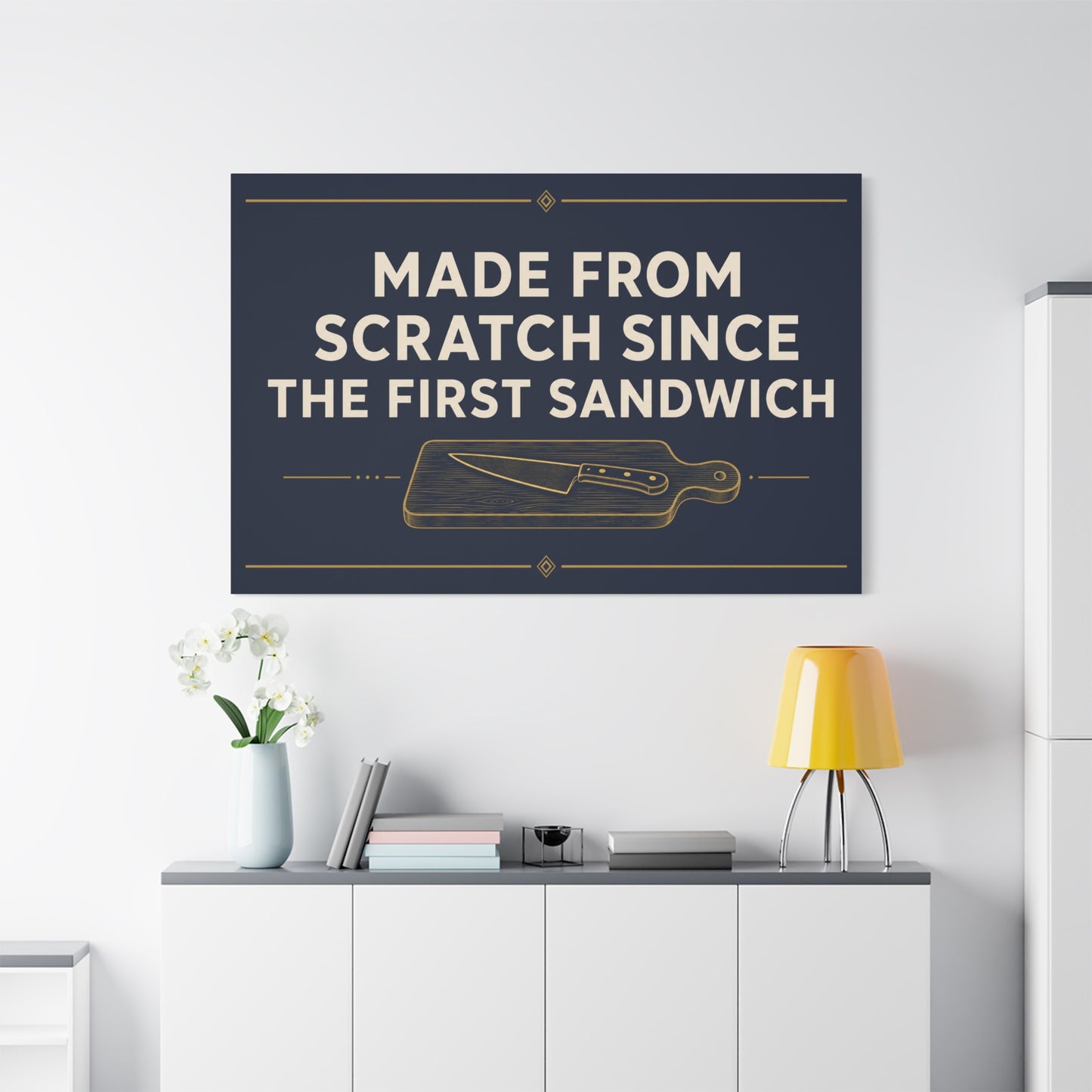 "Made From Scratch Since The First Sandwich" Canvas Wall Art - Quote Print, Navy And Gold Typography, Cutting Board Knife Illustration, Farmhouse Decor - Deli Wall Decor - Sandwich Shop Sign