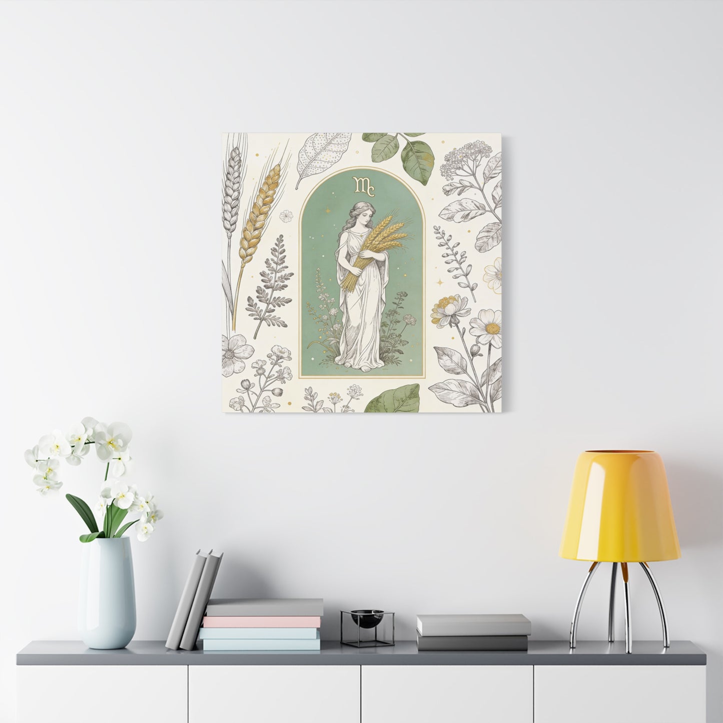 Virgo Zodiac Canvas Wall Art - Botanical Maiden Holding Wheat, Celestial Illustration - Sage Green Gold Cotton Print - Vintage Astrology Decor, Bedroom Wall Hanging Accent - Bedroom Home Decoration