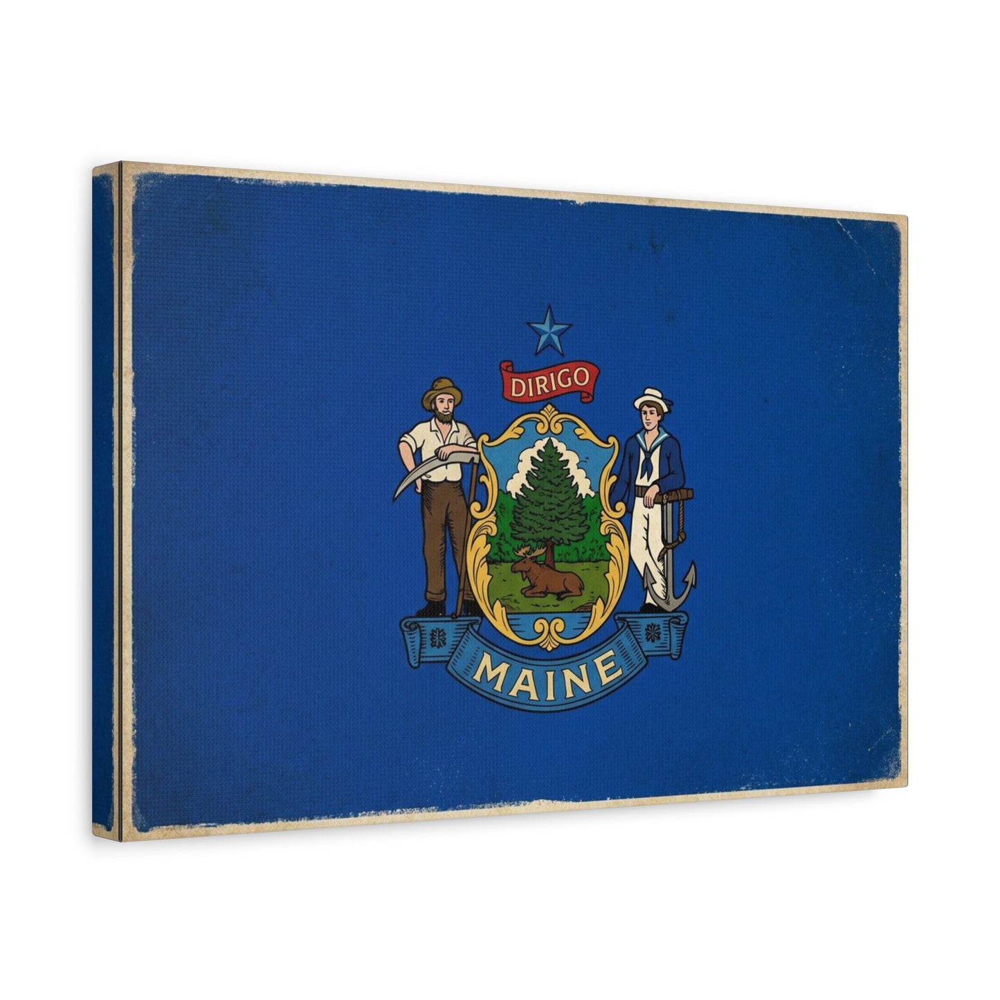 Maine State Flag Canvas Wall Art - Dirigo Vintage Blue Flag Print, Rustic Patriotic Decor - Distressed Illustration Style - Living Room Wall Decor, Office Art Accent - Bedroom Home Decoration