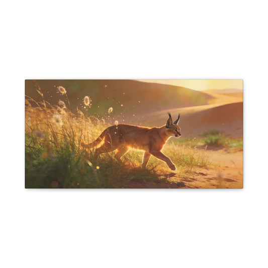 Caracal Canvas Wall Art - Golden Desert Wildlife Scene, Sunlit Grassland Illustration - Matte Cotton Art Print, Contemporary Nature Decor - Living Room Accent, Bedroom Decoration - Ready to Hang