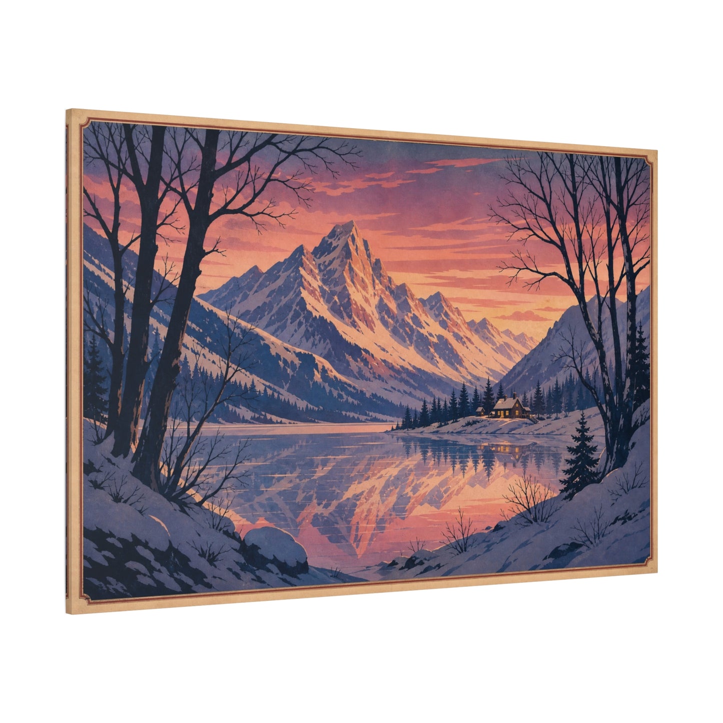 Snowy Mountain Lake Canvas Wall Art - Alpine Sunset Reflection Landscape Print, Rustic Winter Home Decor, Matte Finish Scenic Artwork For Living Room, Bedroom, Cabin Retreat - Living Room Wall Decor
