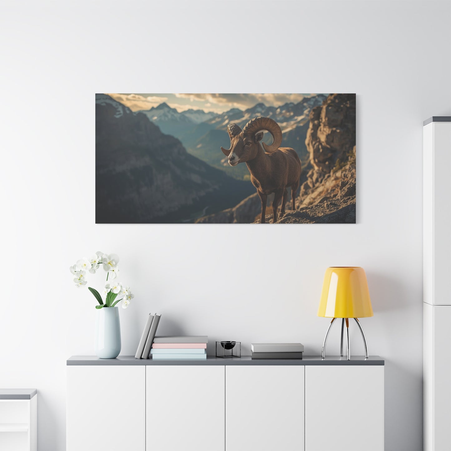 Bighorn Sheep Canvas Wall Art - Mountain Wildlife Art Print, Golden Alpine Cliff Scene - Matte Cotton Artwork - Rustic Lodge Decor, Living Room Wall Decor, Office Art - Bedroom Home Decoration