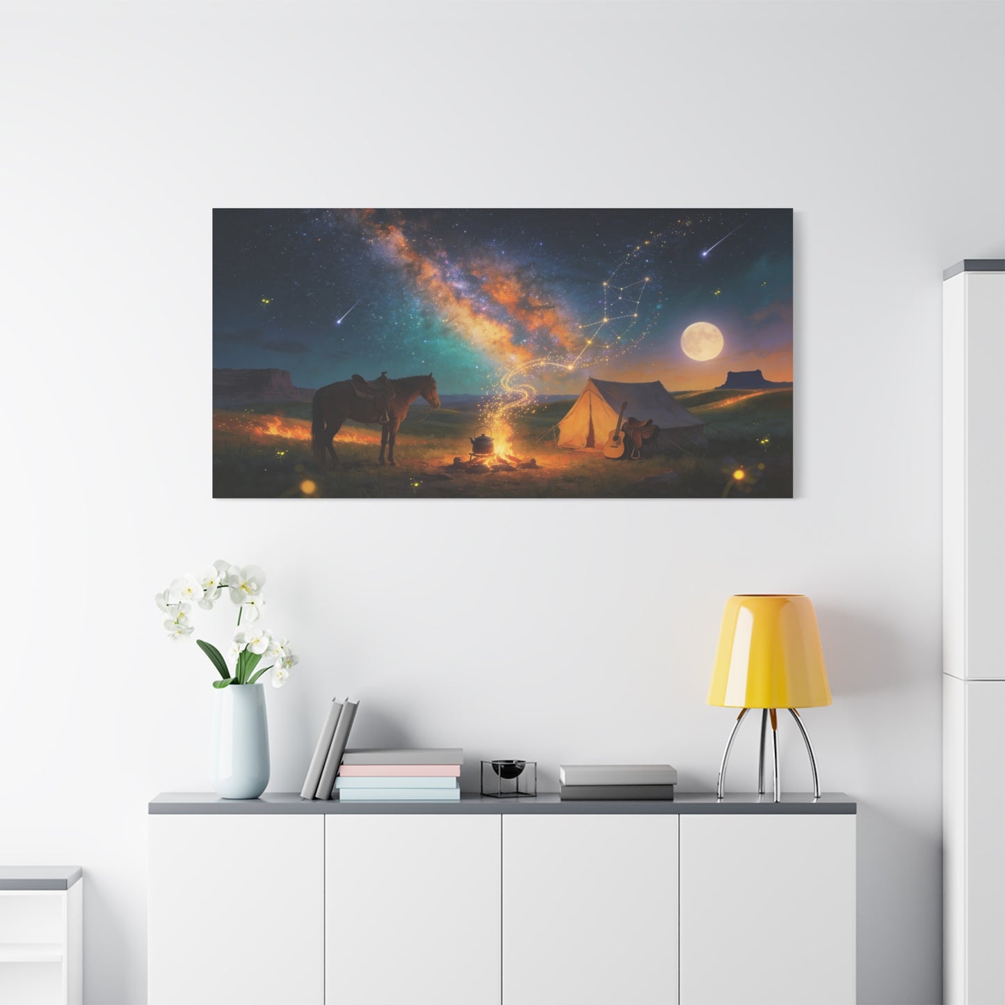 Western Night Sky Canvas Wall Art - Horse, Tent, Campfire And Milky Way Constellation - Dreamy Cosmic Desert Landscape - Modern Home Decor For Living Room, Bedroom, Office - Living Room Wall Decor