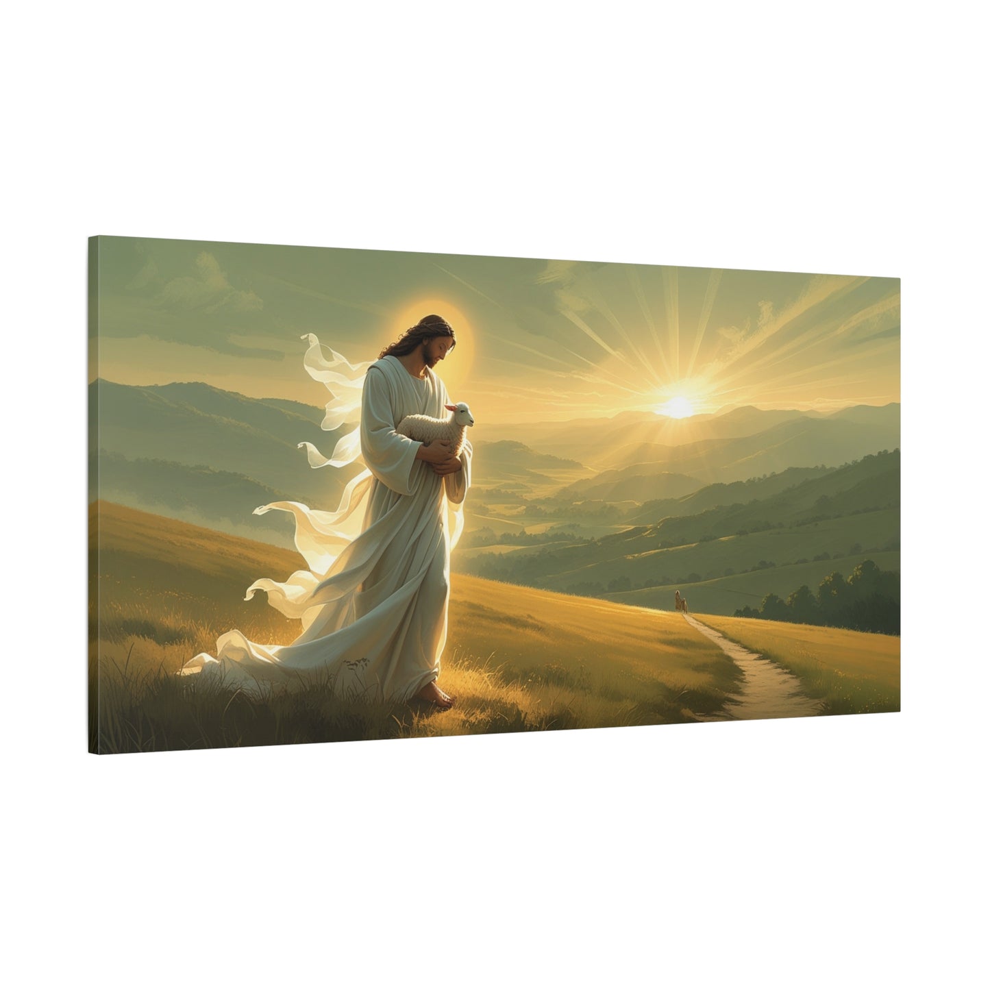Jesus Holding Lamb Canvas Wall Art - Christian Sunset Landscape Print, Golden Light Faith Decor - Matte Cotton Canvas - Traditional Living Room Wall Decor, Bedroom Home Accent - Modern Farmhouse Style