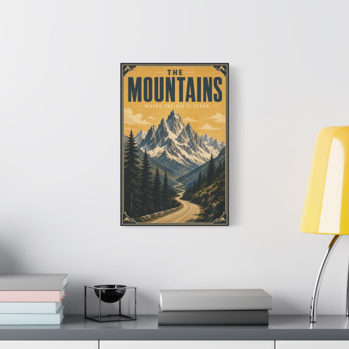 "The Mountains Where The Air Is Clear" Canvas Wall Art - Vintage Mountain Landscape Print, Golden Alpine Road Poster Style, Rustic Cabin Wall Decor - Ready to Hang - Bedroom Home Decoration