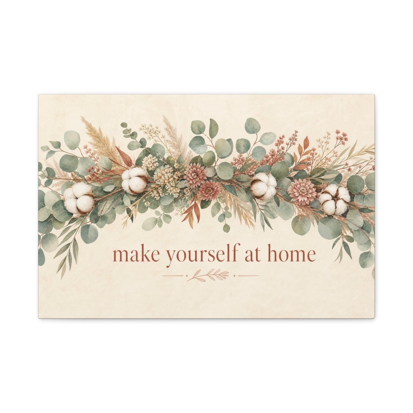 "Make Yourself At Home" Botanical Canvas Wall Art - Eucalyptus Cotton Stem Floral Quote Print - Rustic Farmhouse Style - Living Room Wall Decor - Modern Farmhouse Style - Bedroom Home Decoration