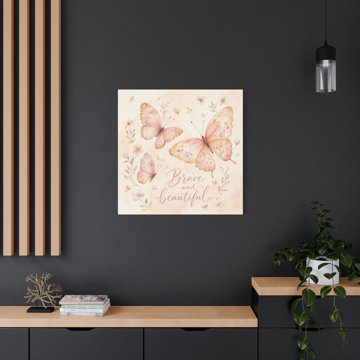 "Brave And Beautiful" Butterfly Canvas Wall Art - Pink Floral Watercolor Quote Print - Inspirational Girls Bedroom Decor - Nursery Wall Hanging - Bedroom Home Decoration - Modern Farmhouse Style