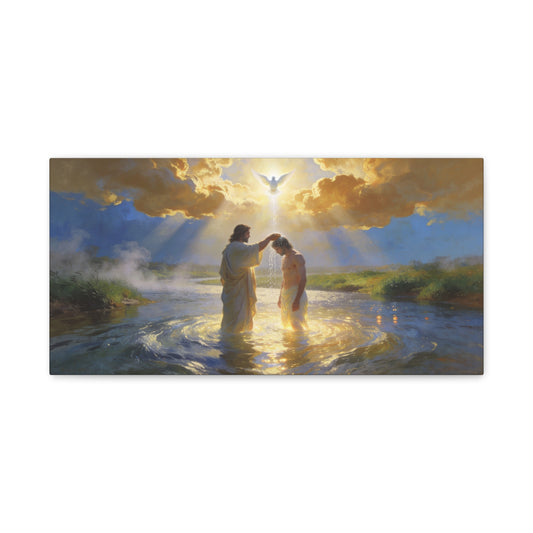 Baptism Of Jesus Christ Canvas Wall Art - Dove, Golden Light, River Scene - Religious Christian Wall Decor, Traditional Matte Canvas Print, Living Room Bedroom Home Decoration - Modern Farmhouse Style