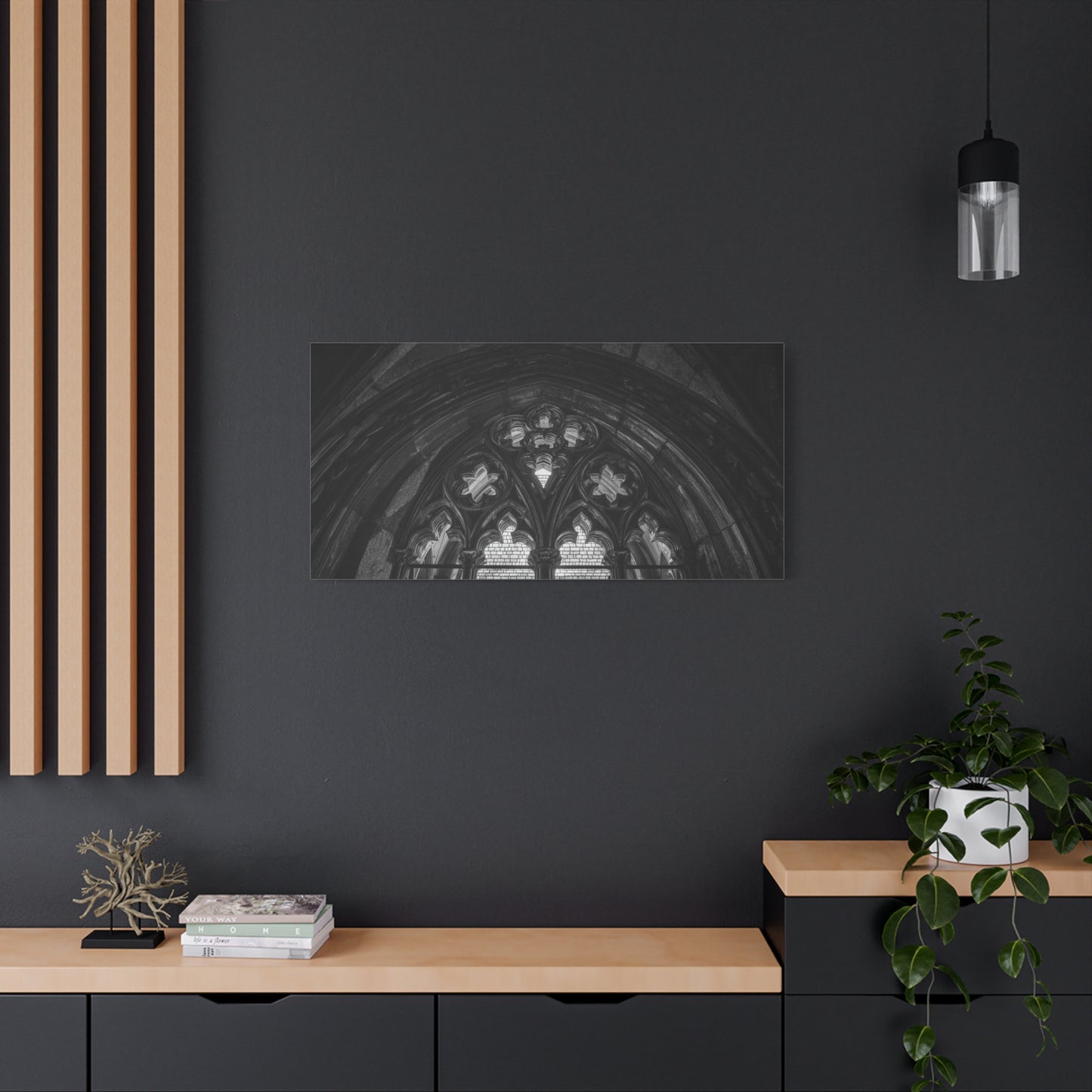 Gothic Cathedral Arch Canvas Wall Art - Black And White Architectural Art Print - Moody Stone Tracery, Matte Finish - Living Room Wall Decor, Office Art Accent - Bedroom Home Decoration