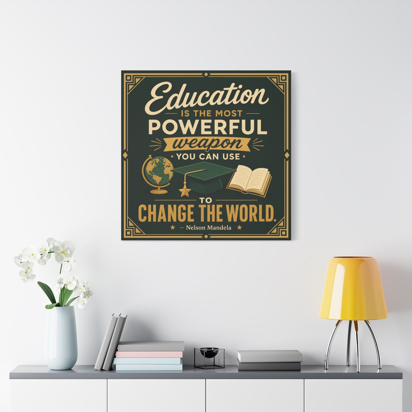 "Education Is The Most Powerful Weapon You Can Use To Change The World." Canvas Wall Art - Nelson Mandela Quote, Teacher Classroom Poster, Study Room Decoration - Office Wall Art - Ready to Hang