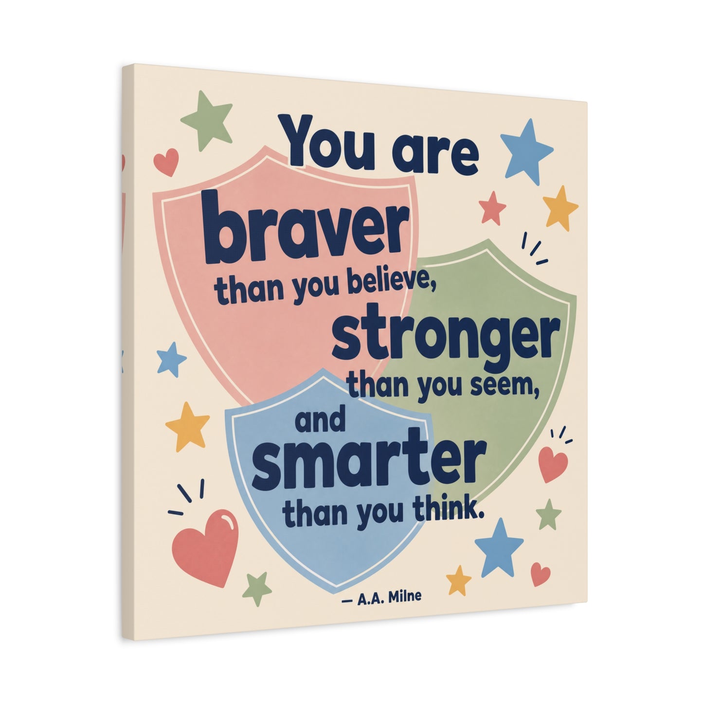 "You Are Braver, Stronger, Smarter" Quote Canvas Wall Art - Kids Inspirational Typography Print, Pastel Shield Stars Hearts Design - Nursery Bedroom Classroom Decor - Office Wall Art - Ready to Hang