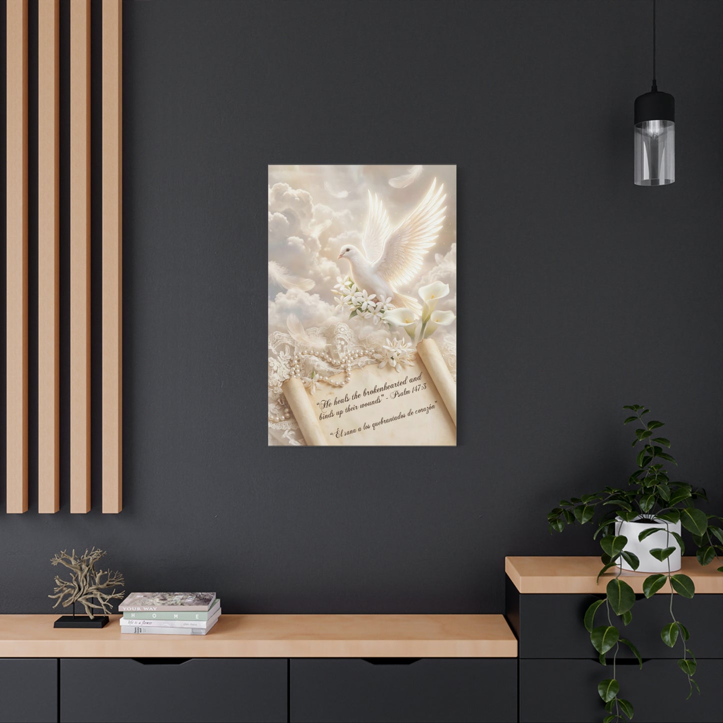 "He Heals The Brokenhearted And Binds Up Their Wounds" Dove Canvas Wall Art - Psalm 147:3 Scripture, White Lily Floral Design - Traditional Religious Decor For Bedroom - Office Wall Art